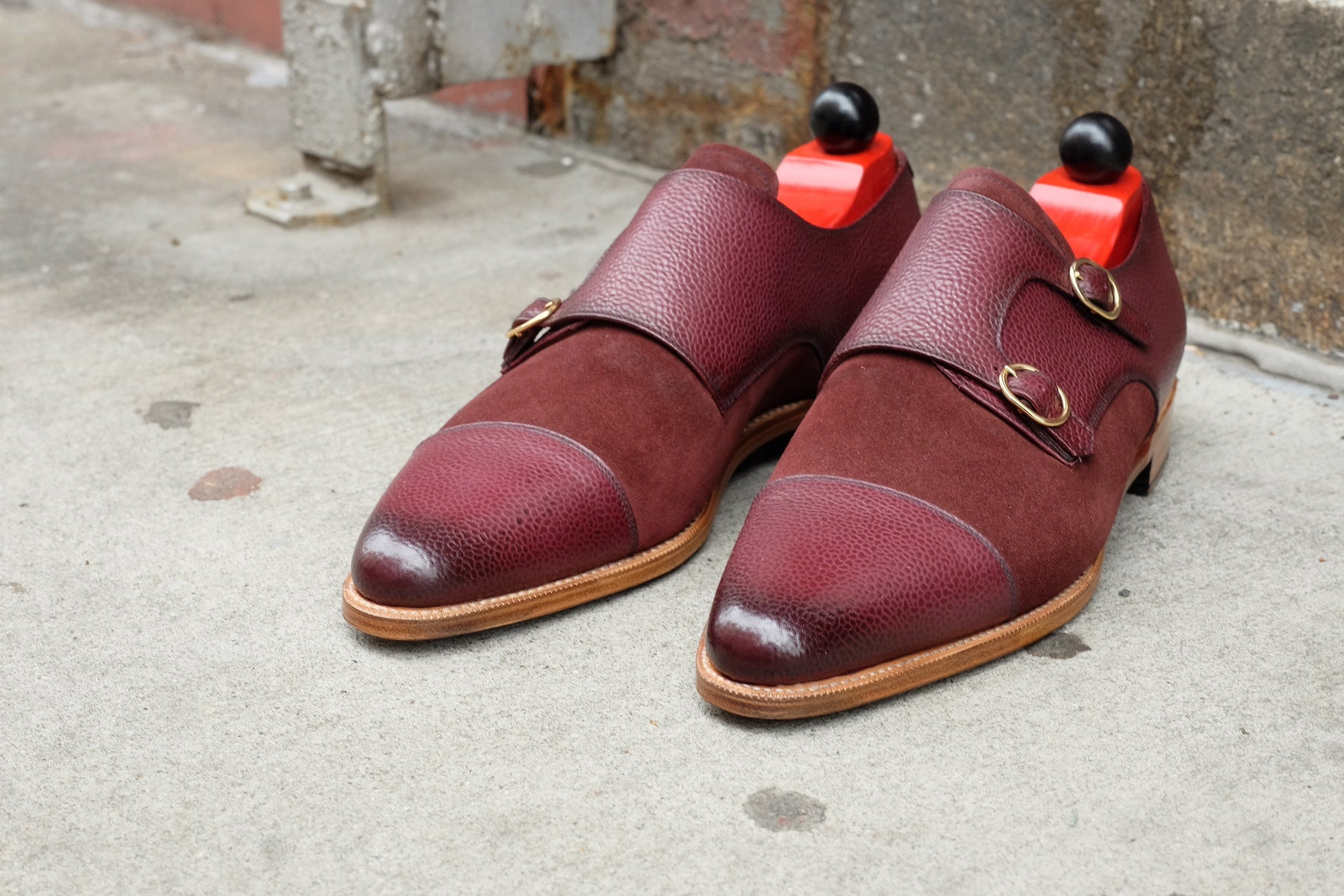 Kent - MTO - Burnished Burgundy Grain / Burgundy Suede-Made To Order Double Monkstrap Cap Toe-J.FitzPatrick Footwear