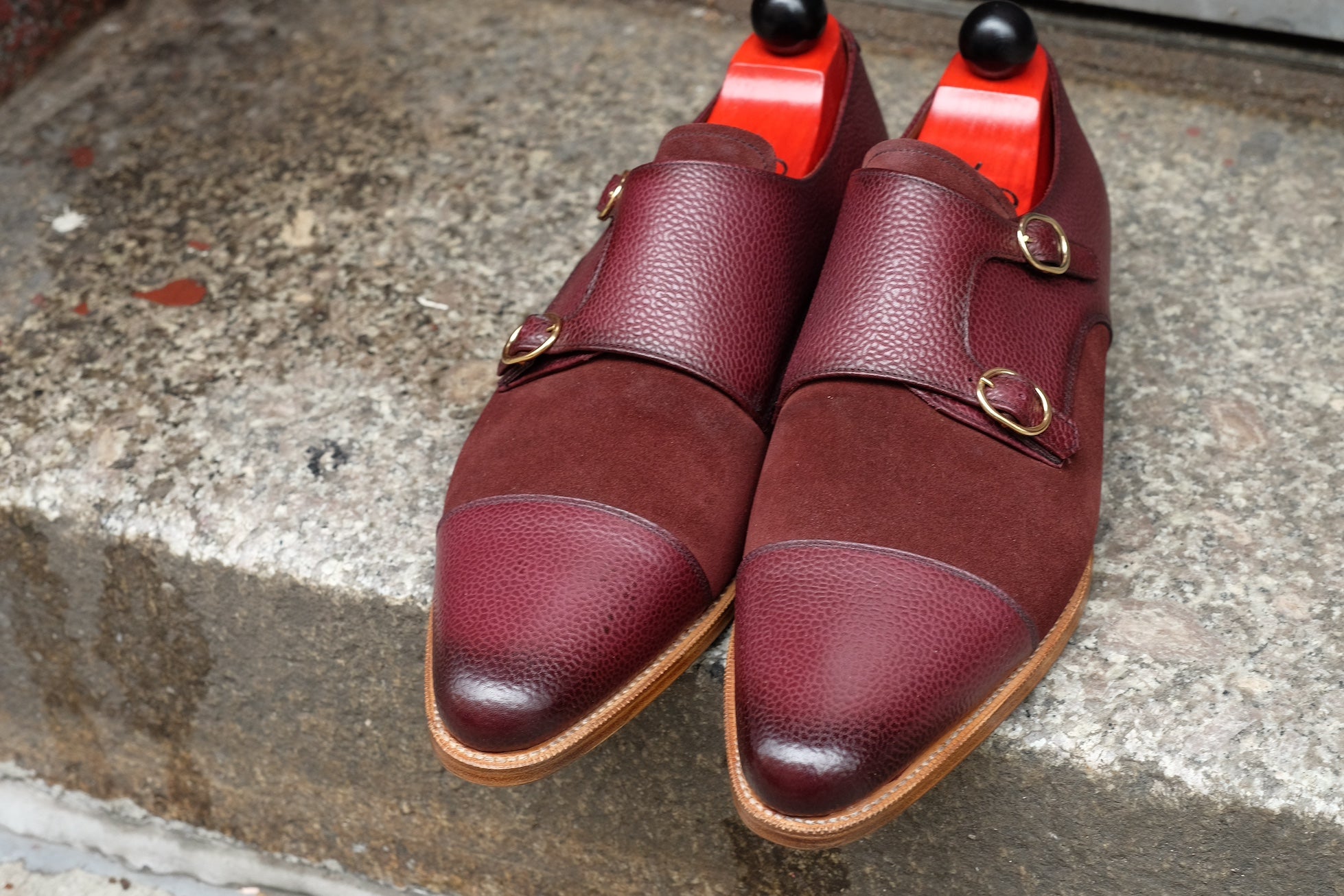 Kent - MTO - Burnished Burgundy Grain / Burgundy Suede-Made To Order Double Monkstrap Cap Toe-J.FitzPatrick Footwear