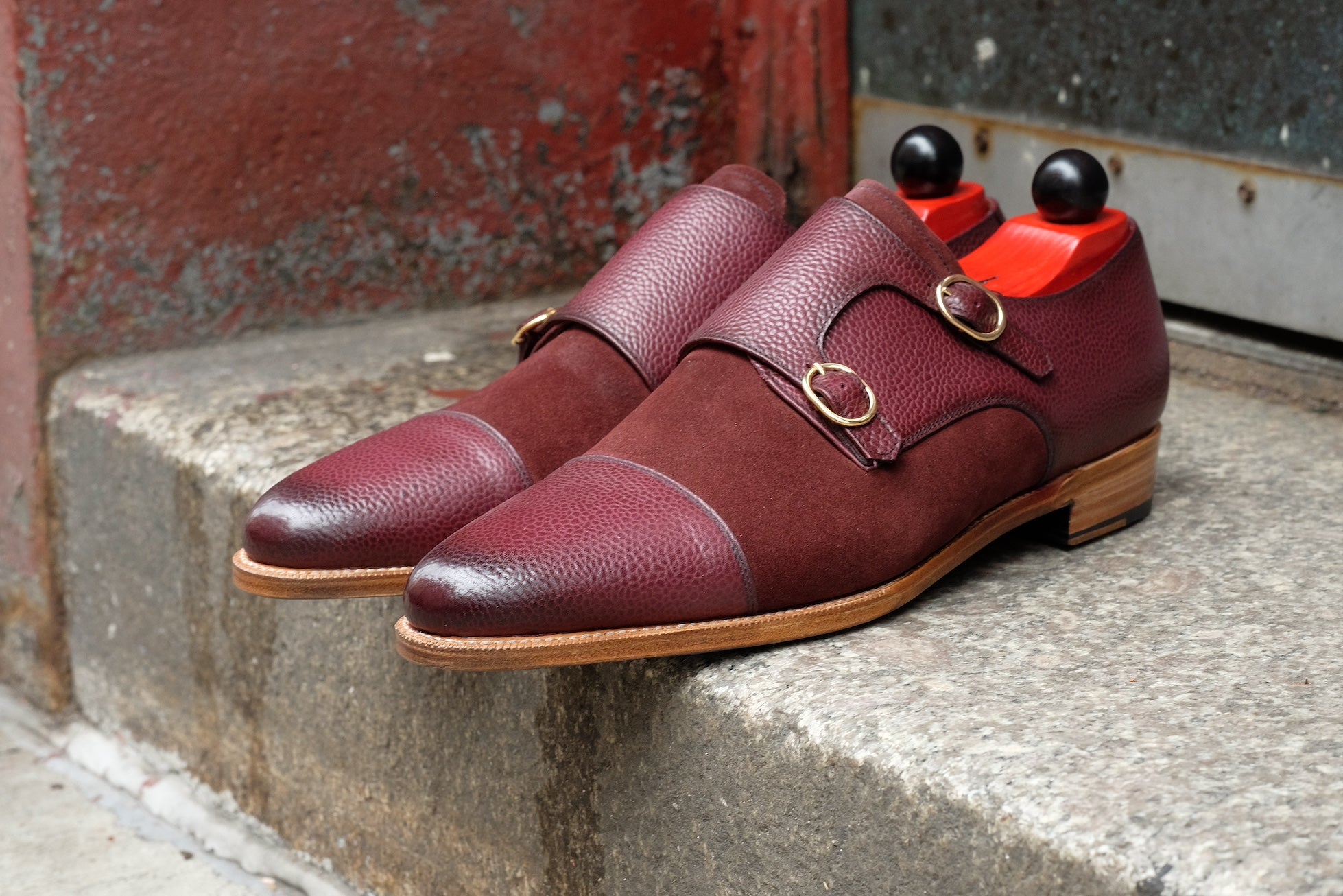 Kent - MTO - Burnished Burgundy Grain / Burgundy Suede-Made To Order Double Monkstrap Cap Toe-J.FitzPatrick Footwear