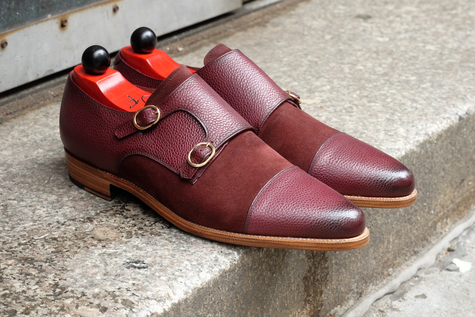 Kent - MTO - Burnished Burgundy Grain / Burgundy Suede-Made To Order Double Monkstrap Cap Toe-J.FitzPatrick Footwear