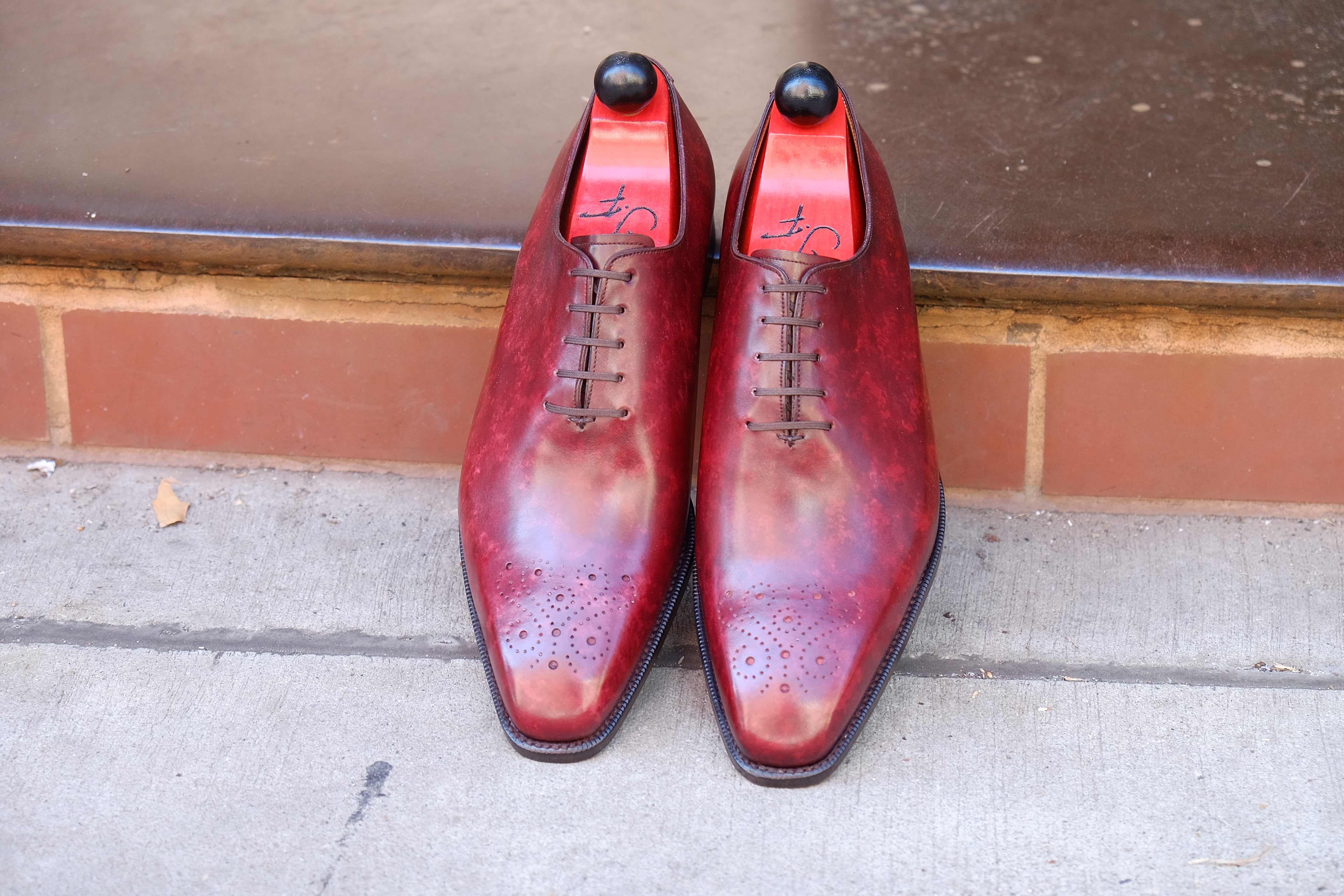 Kirkland - MTO - Burgundy Marble Patina - LPB Last - Single Leather Sole-Made To Order Wholecut Oxfords Medallion-J.FitzPatrick Footwear