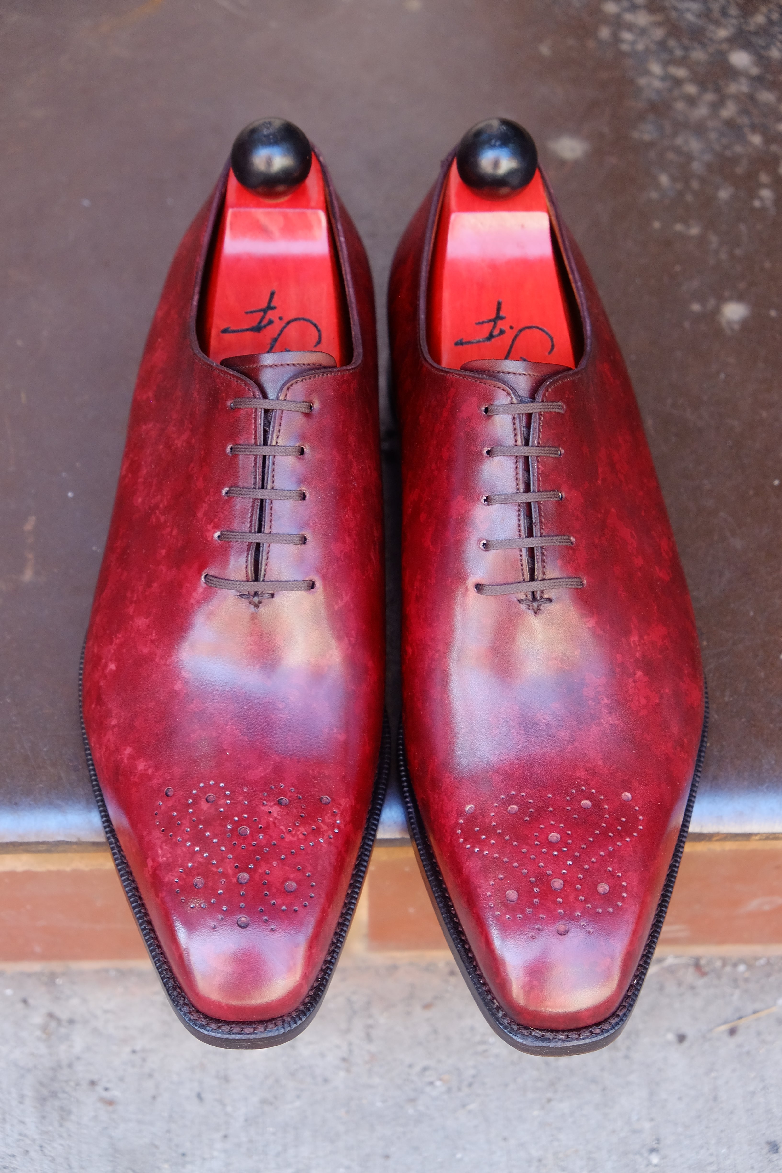 Kirkland - MTO - Burgundy Marble Patina - LPB Last - Single Leather Sole-Made To Order Wholecut Oxfords Medallion-J.FitzPatrick Footwear