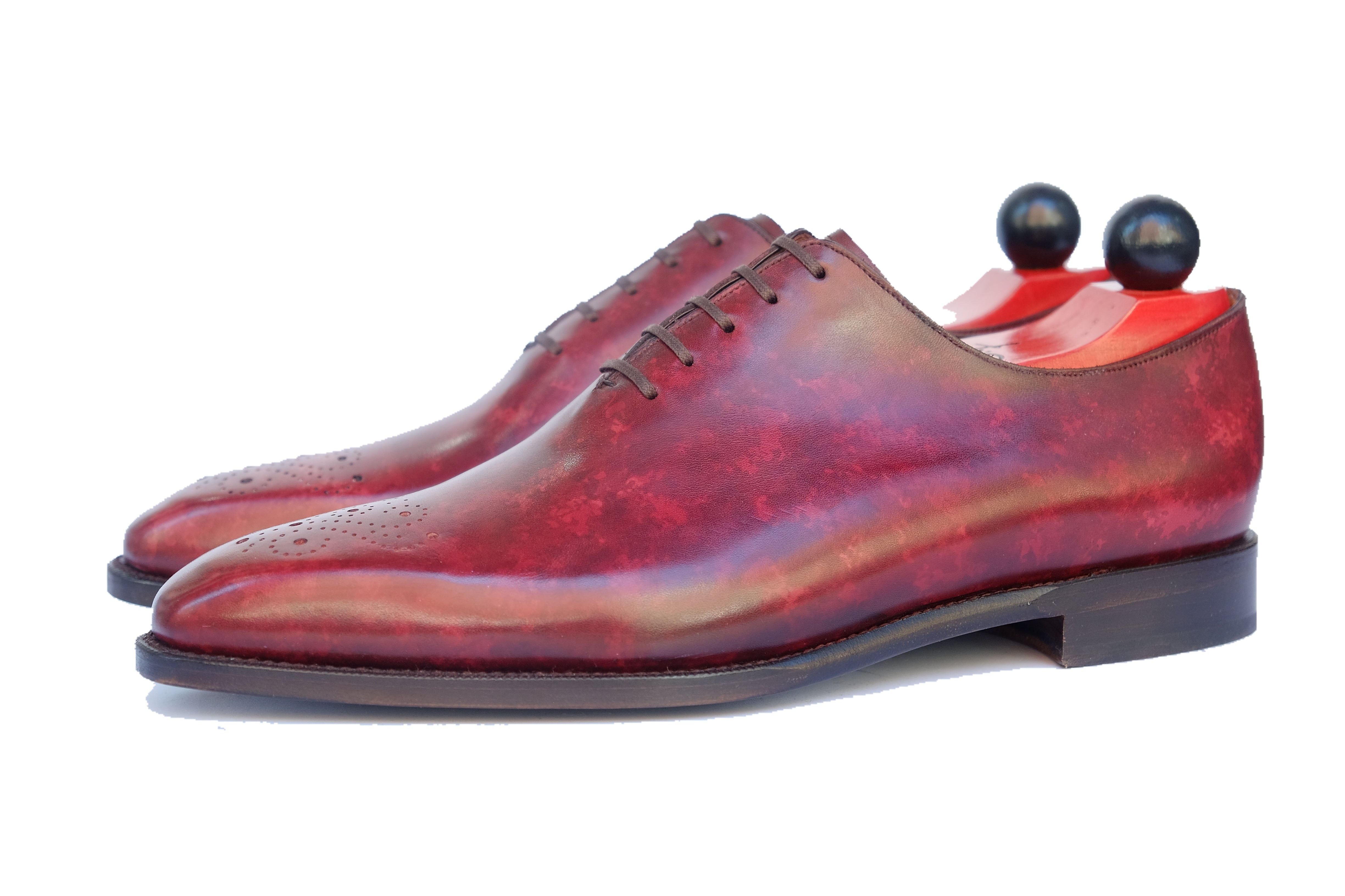Kirkland - MTO - Burgundy Marble Patina - LPB Last - Single Leather Sole-Made To Order Wholecut Oxfords Medallion-J.FitzPatrick Footwear