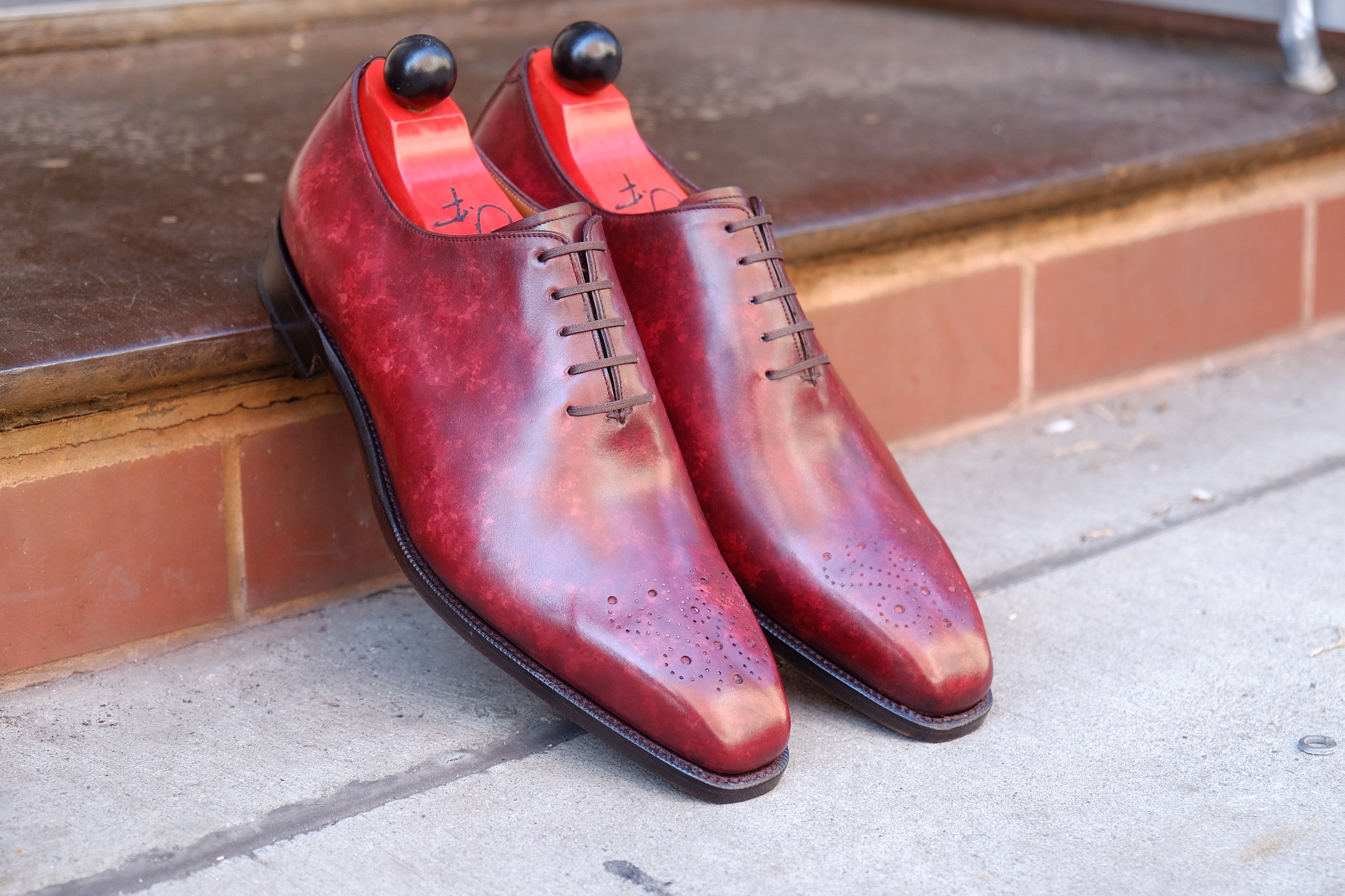 Kirkland - MTO - Burgundy Marble Patina - LPB Last - Single Leather Sole-Made To Order Wholecut Oxfords Medallion-J.FitzPatrick Footwear