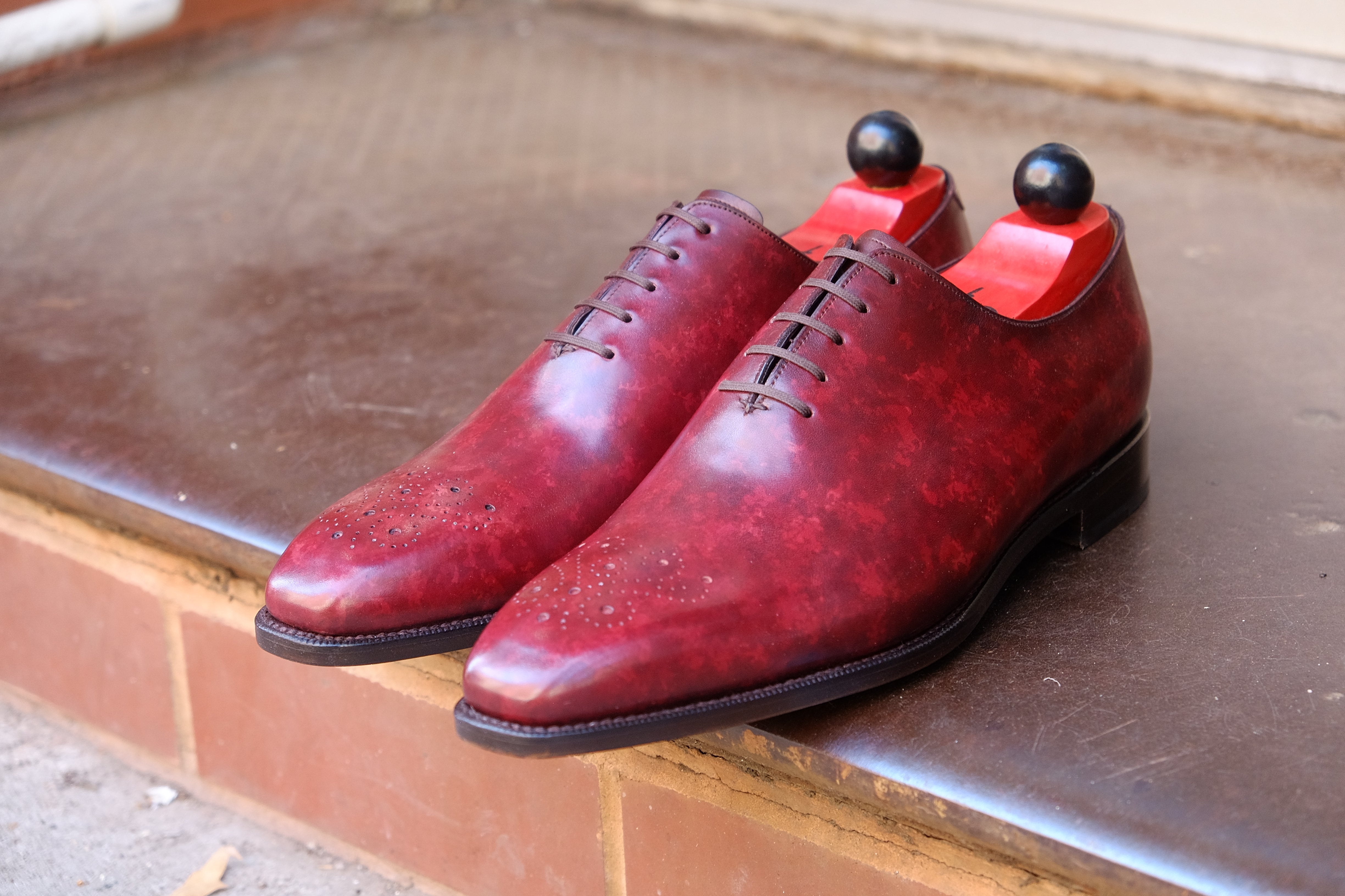 Kirkland - MTO - Burgundy Marble Patina - LPB Last - Single Leather Sole-Made To Order Wholecut Oxfords Medallion-J.FitzPatrick Footwear