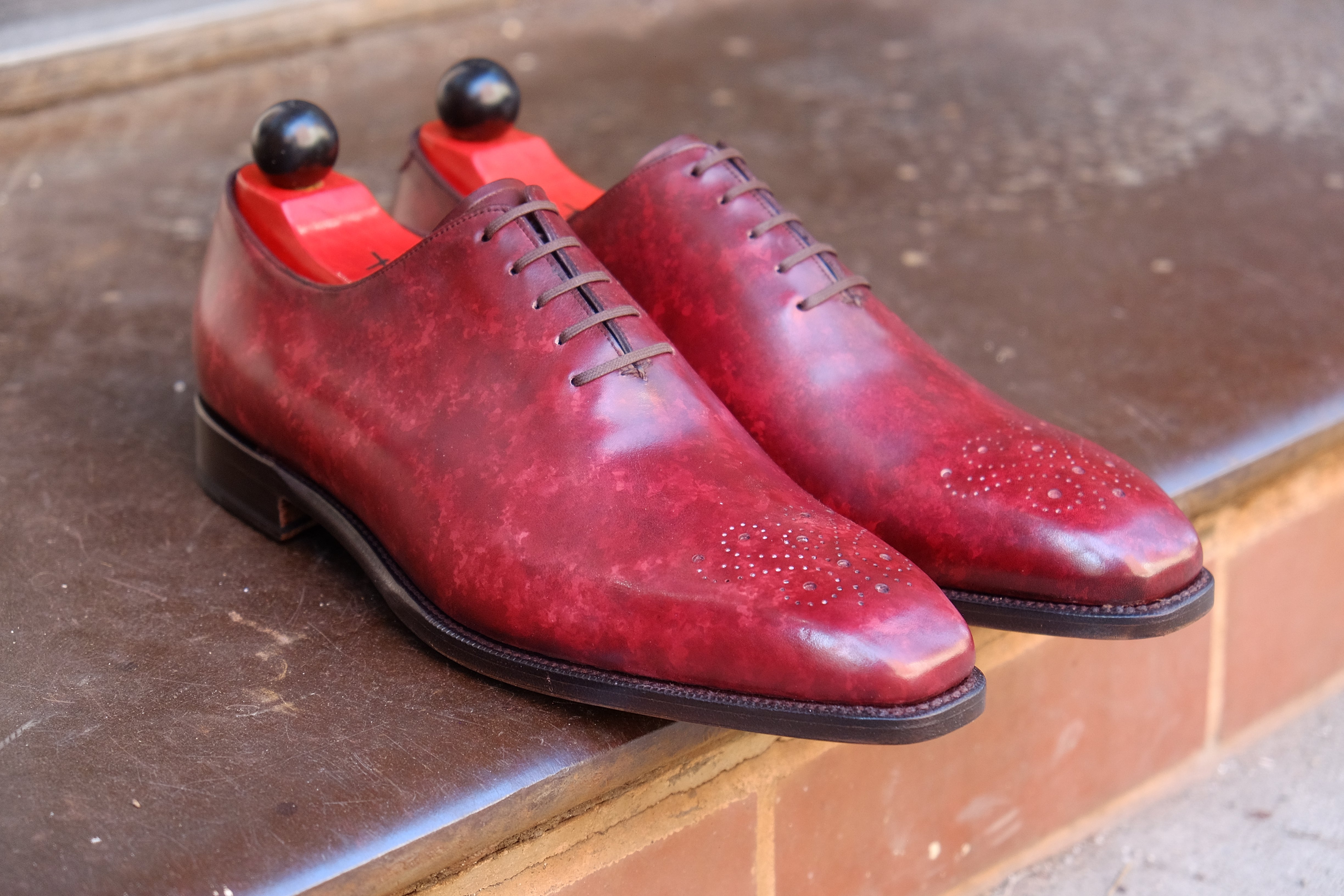 Kirkland - MTO - Burgundy Marble Patina - LPB Last - Single Leather Sole-Made To Order Wholecut Oxfords Medallion-J.FitzPatrick Footwear