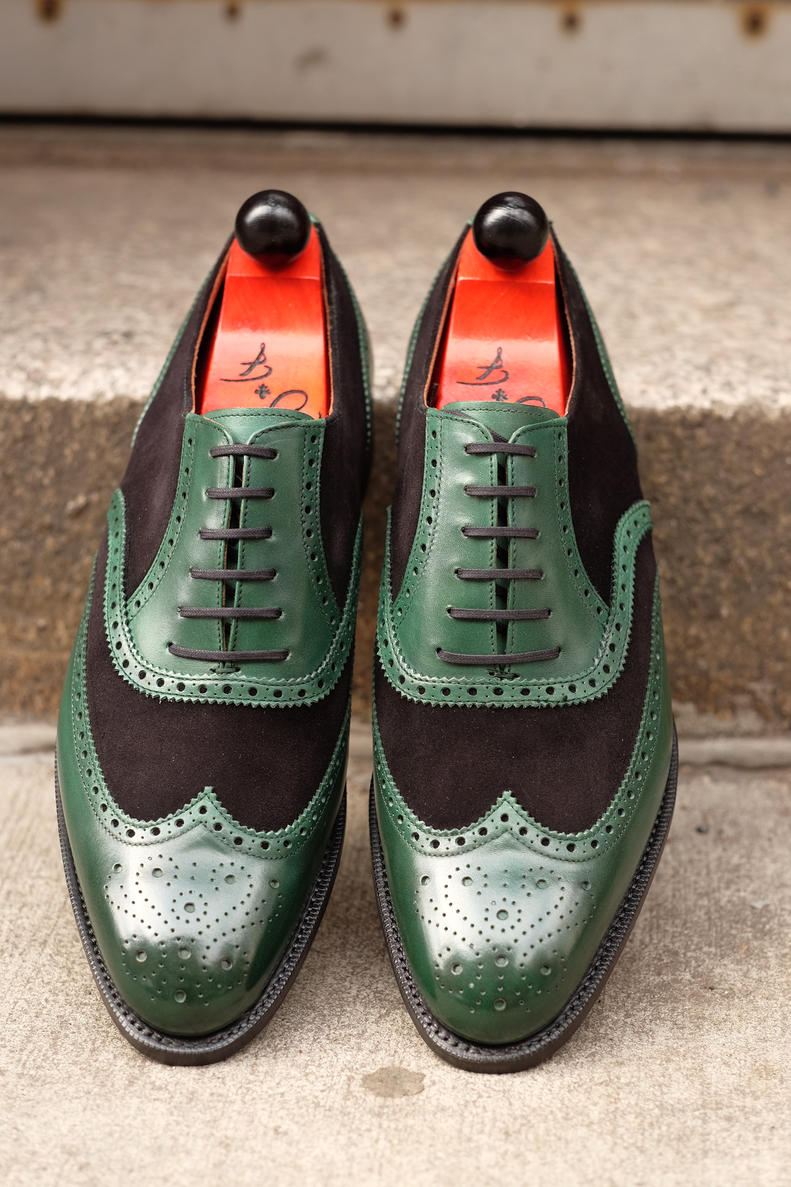 Kitsap - MTO - Forest Green Calf / Black Suede - TMG Last - Single Leather Sole - Heart Medallion-Made To Order Wingtip Brogue Oxfords Spectator-J.FitzPatrick Footwear