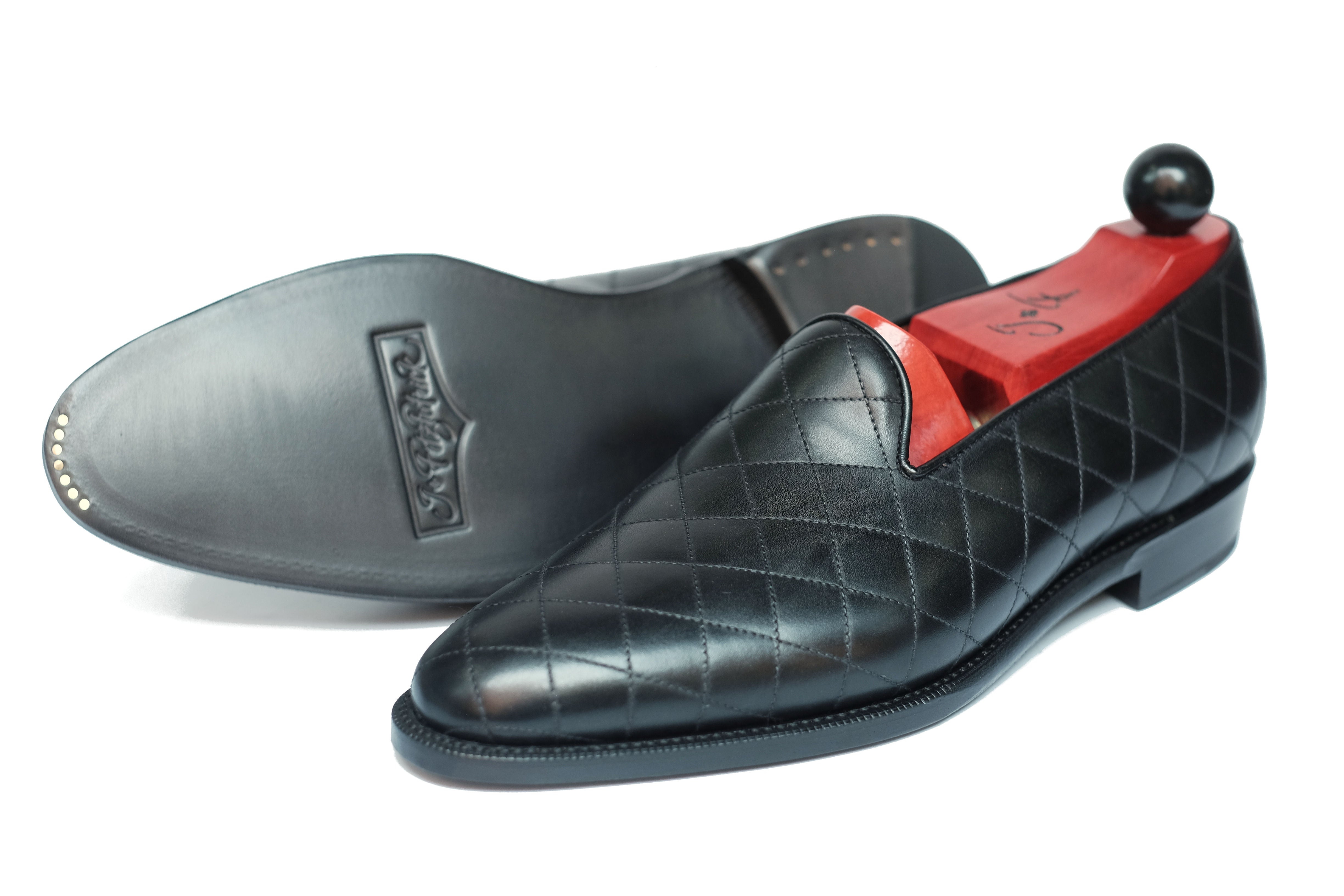 Laurelhurst II - MTO - Quilted Black Calf - TMG Last - Single Leather Sole-Made To Order Slipper Loafer Quilted Leather-J.FitzPatrick Footwear