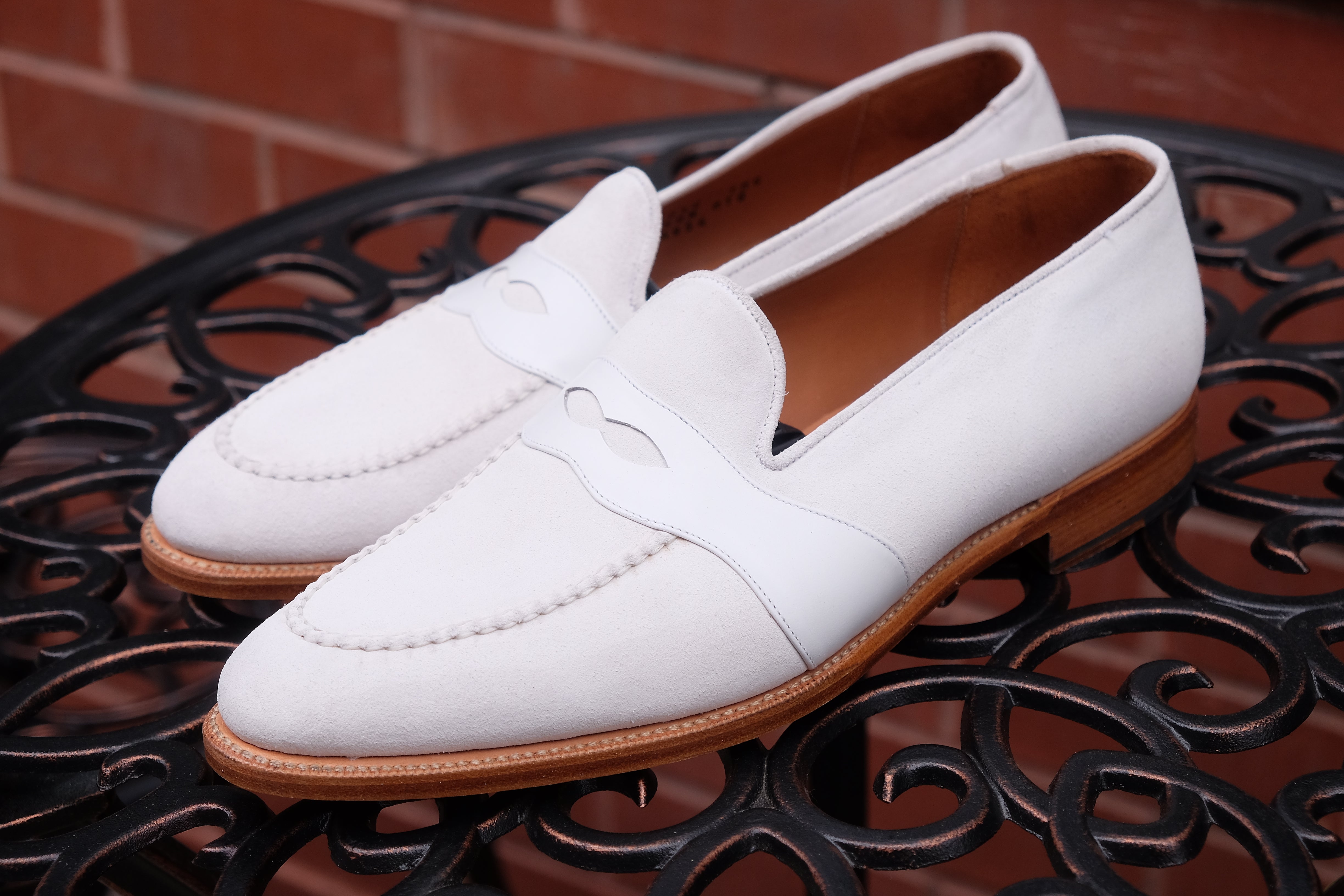 Madison - MTO - White Suede / White Calf - TMG Last - Single Leather Sole-Made To Order Penny Loafer Full Strap-J.FitzPatrick Footwear