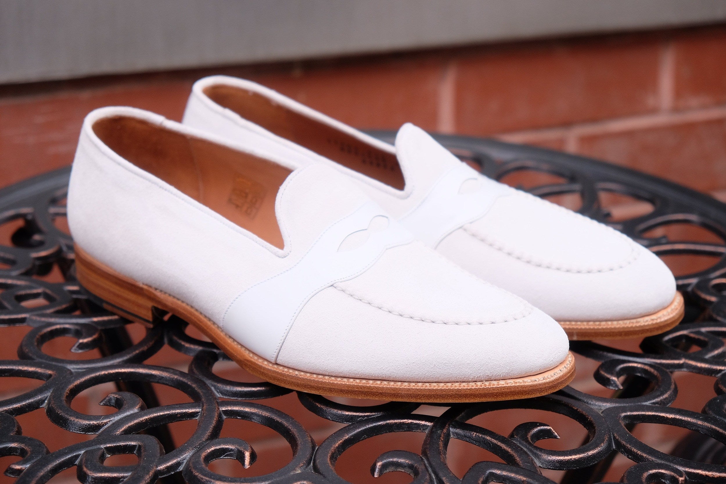 Madison - MTO - White Suede / White Calf - TMG Last - Single Leather Sole-Made To Order Penny Loafer Full Strap-J.FitzPatrick Footwear