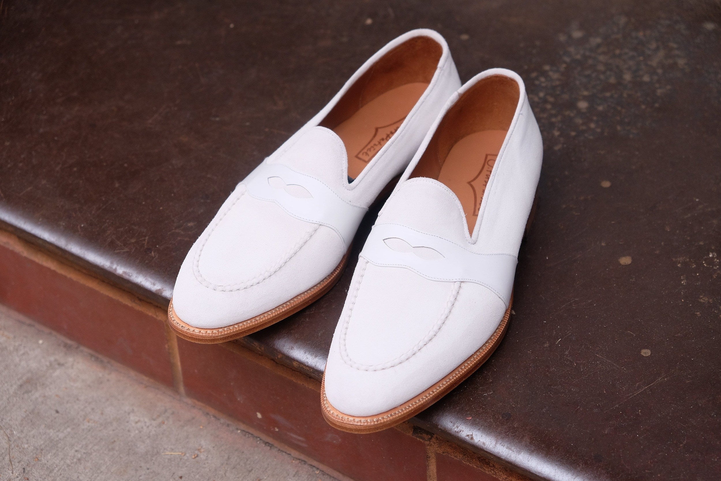 Madison - MTO - White Suede / White Calf - TMG Last - Single Leather Sole-Made To Order Penny Loafer Full Strap-J.FitzPatrick Footwear