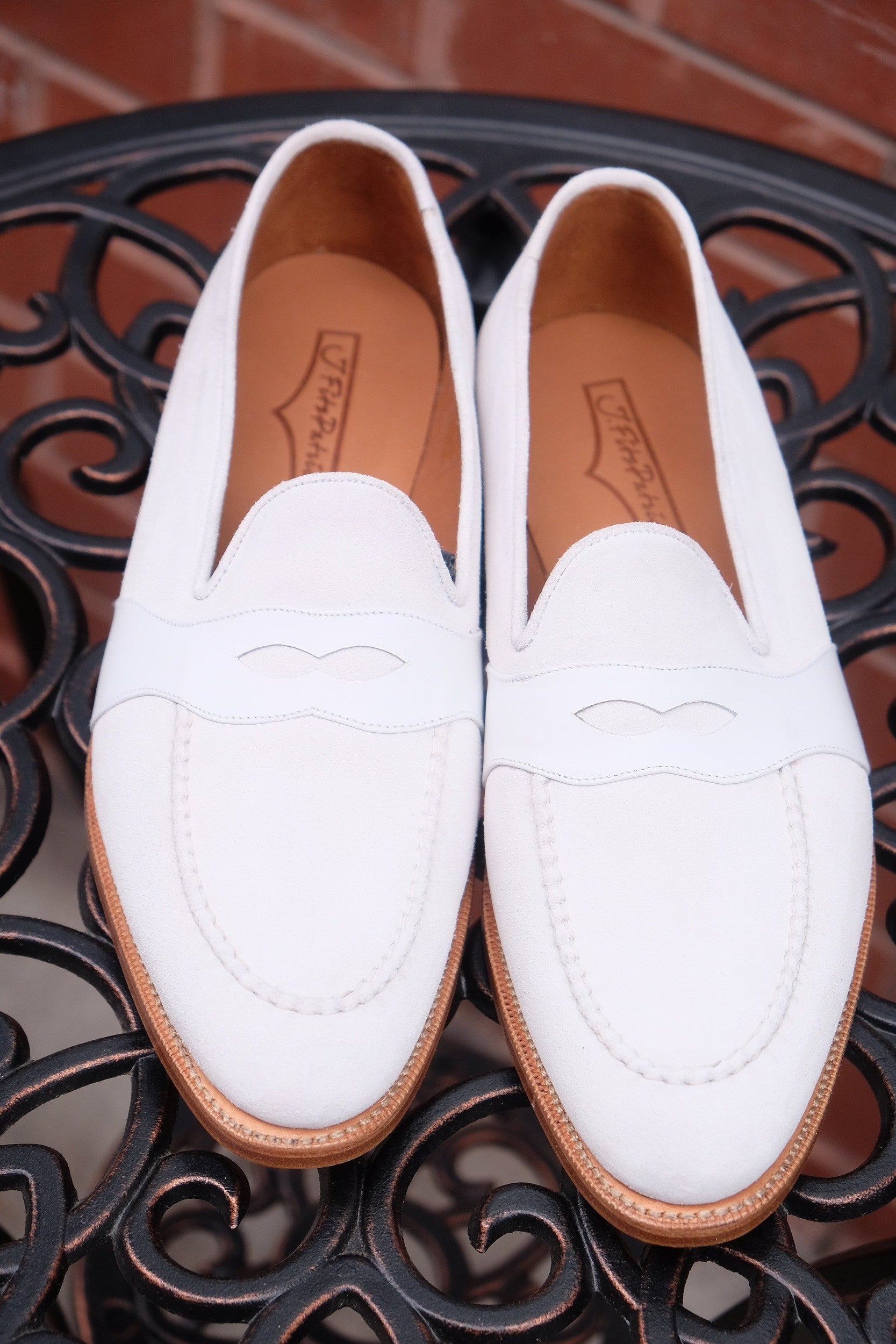 Madison - MTO - White Suede / White Calf - TMG Last - Single Leather Sole-Made To Order Penny Loafer Full Strap-J.FitzPatrick Footwear