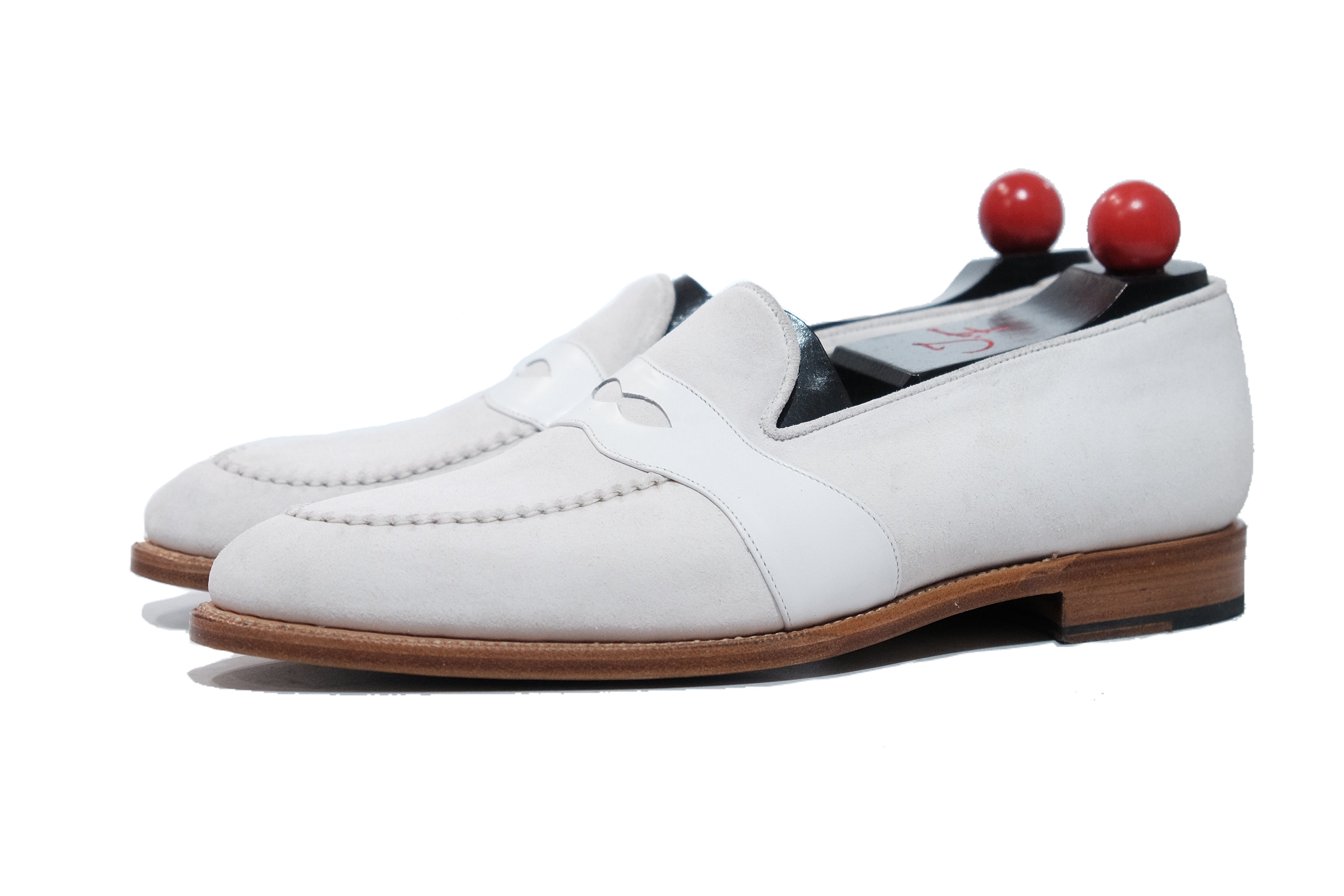 Madison - MTO - White Suede / White Calf - TMG Last - Single Leather Sole-Made To Order Penny Loafer Full Strap-J.FitzPatrick Footwear