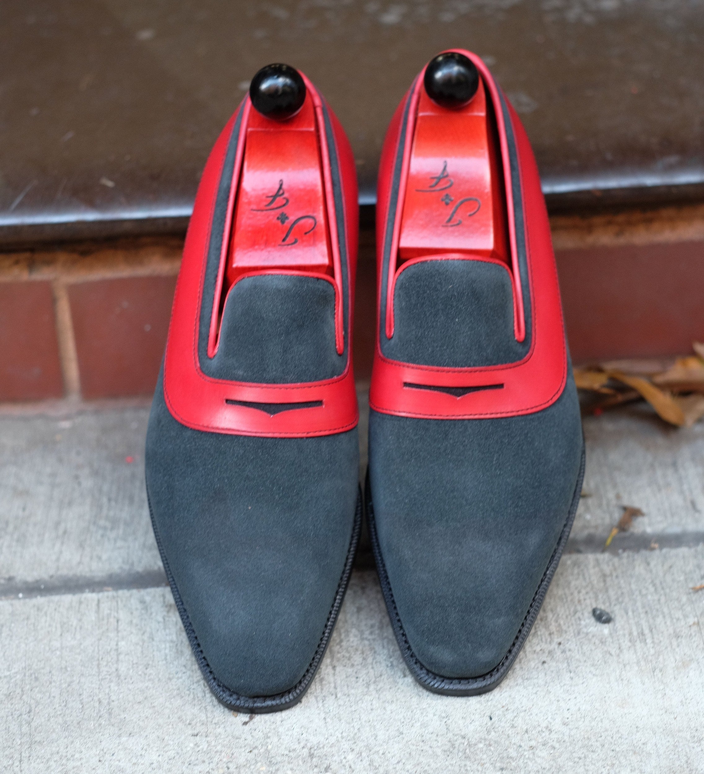 Marcos - MTO - Charcoal Suede / Red Calf - LPB Last - Single Leather Sole-Made To Order Strap Loafer-J.FitzPatrick Footwear