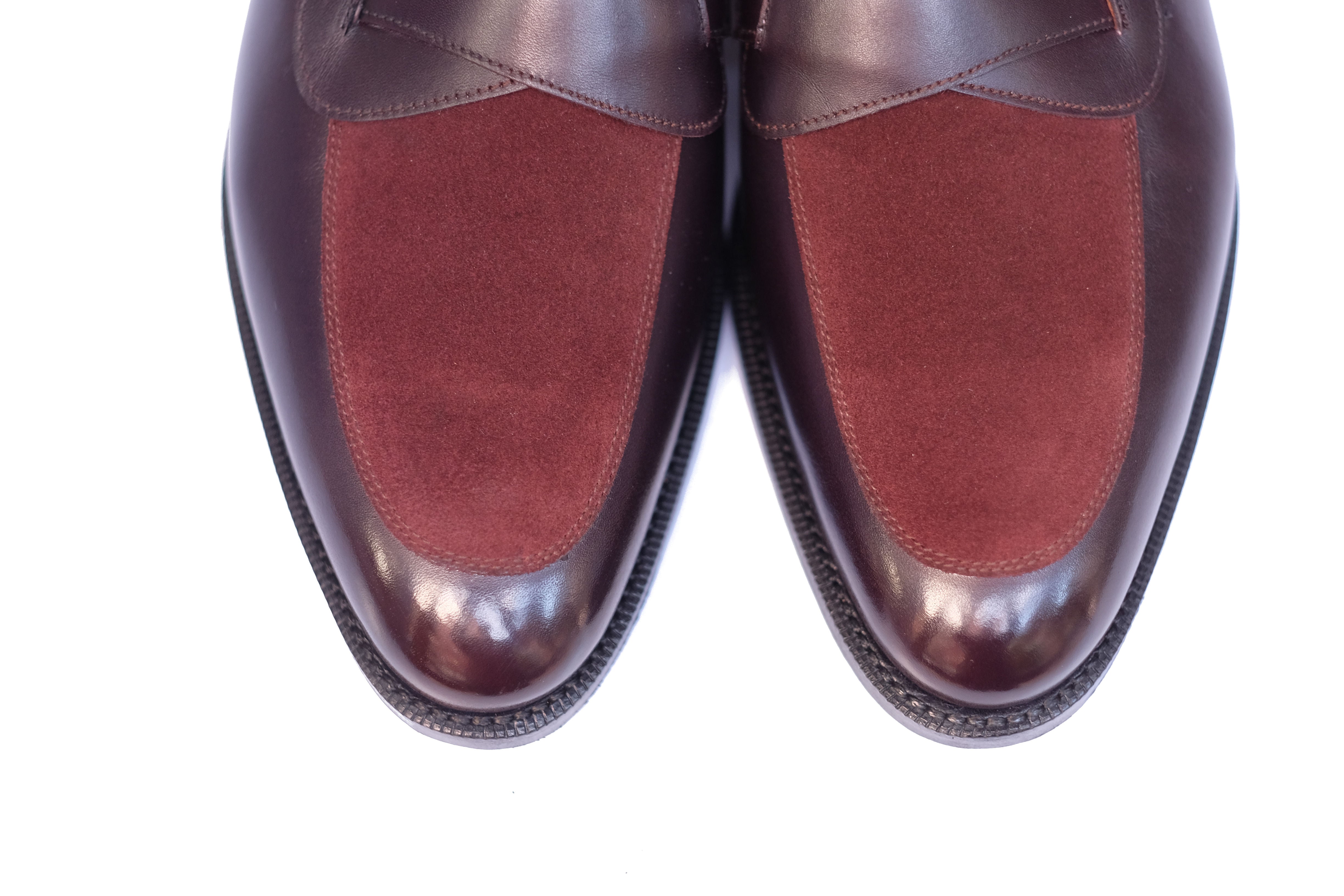 Meridian - MTO - Deep Merlot Calf / Burgundy Suede - TMG Last - Single Leather Sole-Made To Order Butterfly Loafer-J.FitzPatrick Footwear