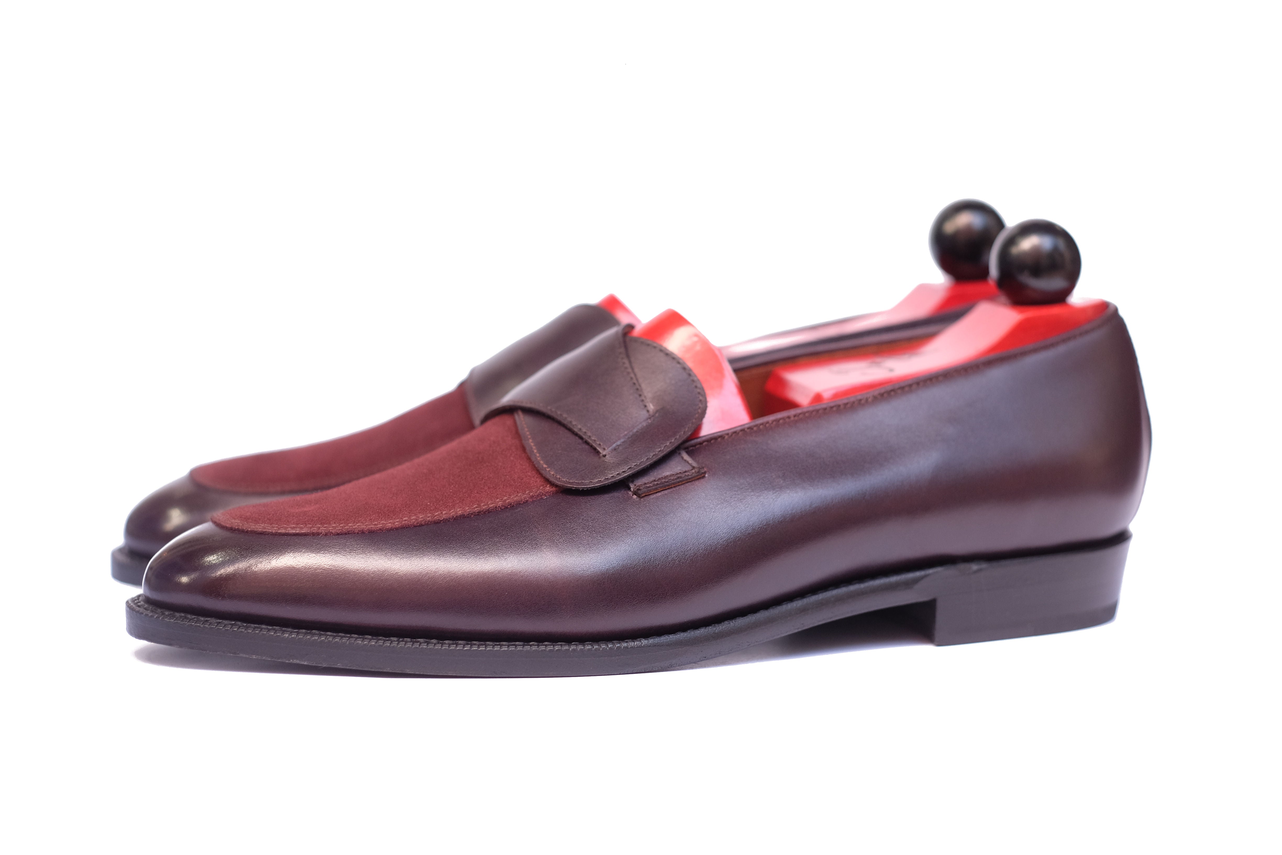 Meridian - MTO - Deep Merlot Calf / Burgundy Suede - TMG Last - Single Leather Sole-Made To Order Butterfly Loafer-J.FitzPatrick Footwear