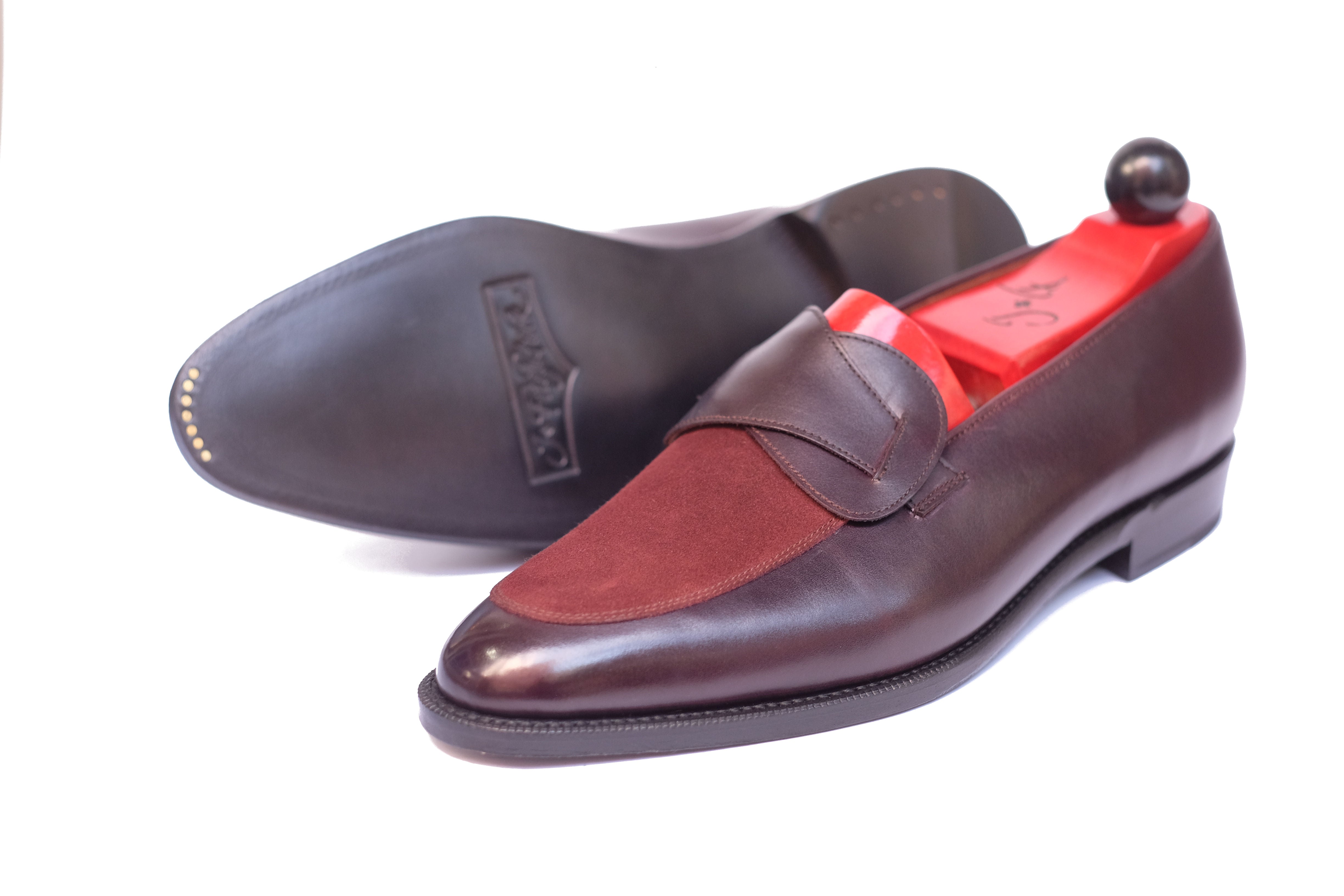 Meridian - MTO - Deep Merlot Calf / Burgundy Suede - TMG Last - Single Leather Sole-Made To Order Butterfly Loafer-J.FitzPatrick Footwear