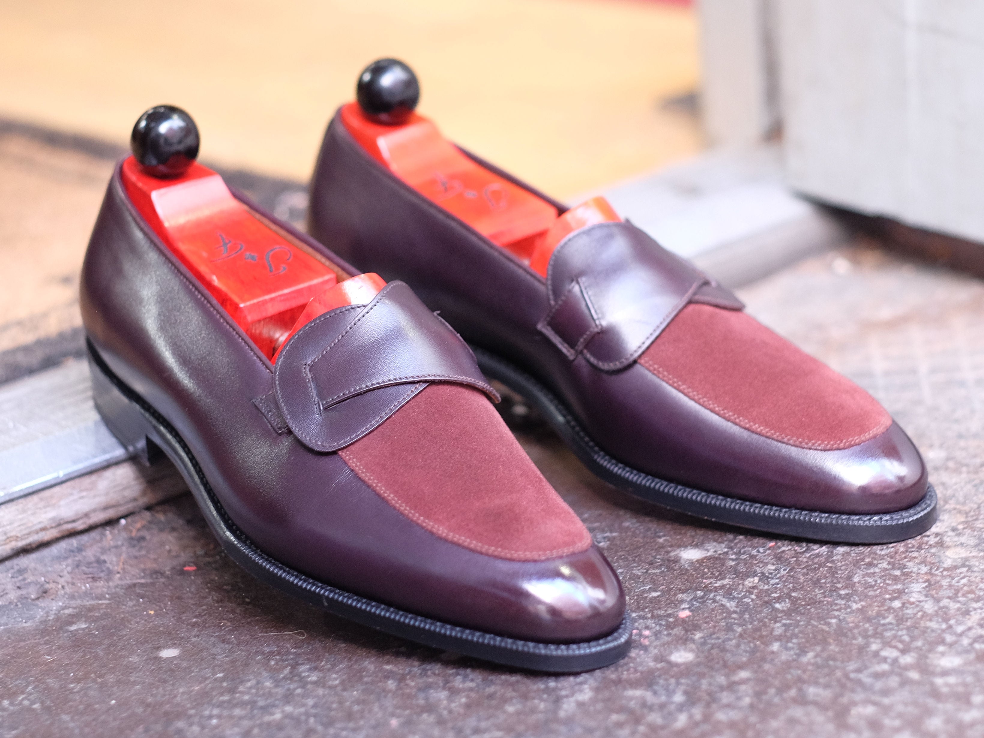 Meridian - MTO - Deep Merlot Calf / Burgundy Suede - TMG Last - Single Leather Sole-Made To Order Butterfly Loafer-J.FitzPatrick Footwear