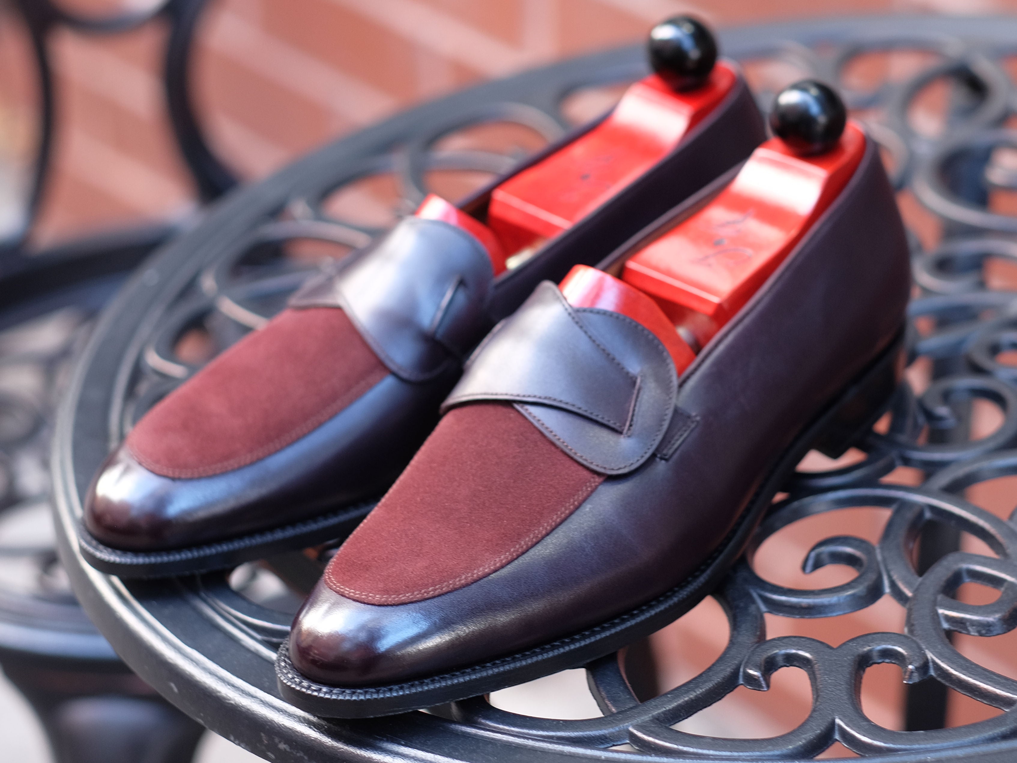 Meridian - MTO - Deep Merlot Calf / Burgundy Suede - TMG Last - Single Leather Sole-Made To Order Butterfly Loafer-J.FitzPatrick Footwear