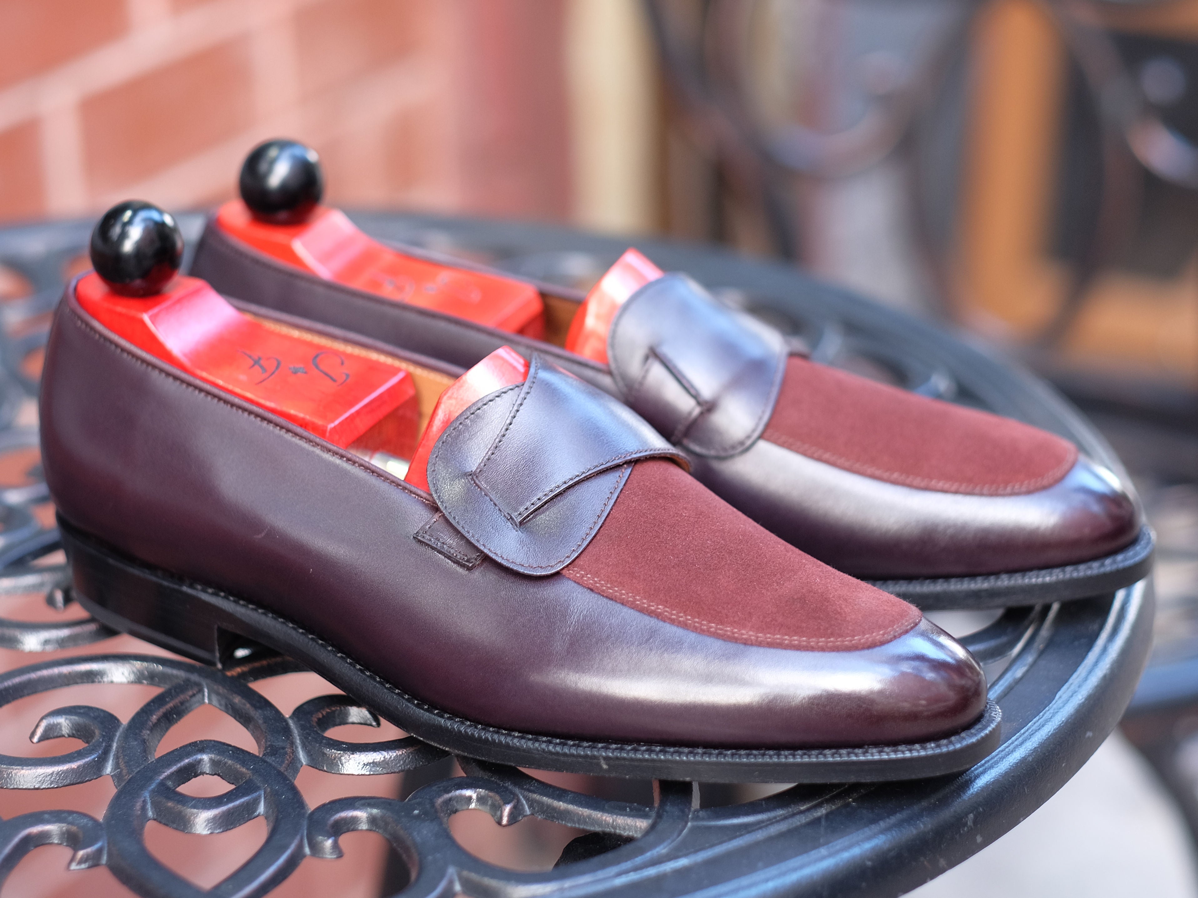 Meridian - MTO - Deep Merlot Calf / Burgundy Suede - TMG Last - Single Leather Sole-Made To Order Butterfly Loafer-J.FitzPatrick Footwear