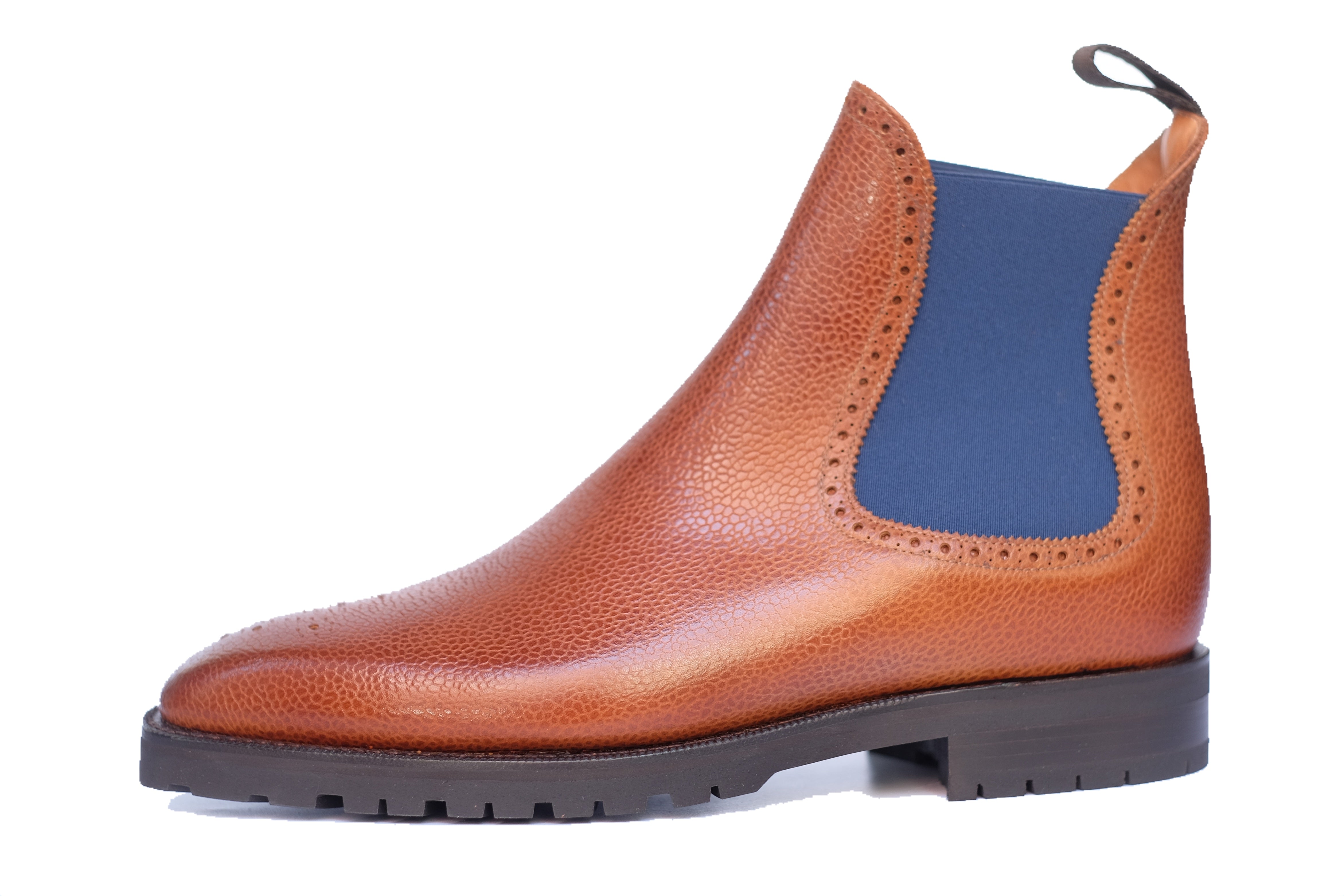 Pasco - MTO - Tan Grain / Blue Gore - MGF Last - Commando Sole-Made To Order Chelsea Boot Medallion-J.FitzPatrick Footwear