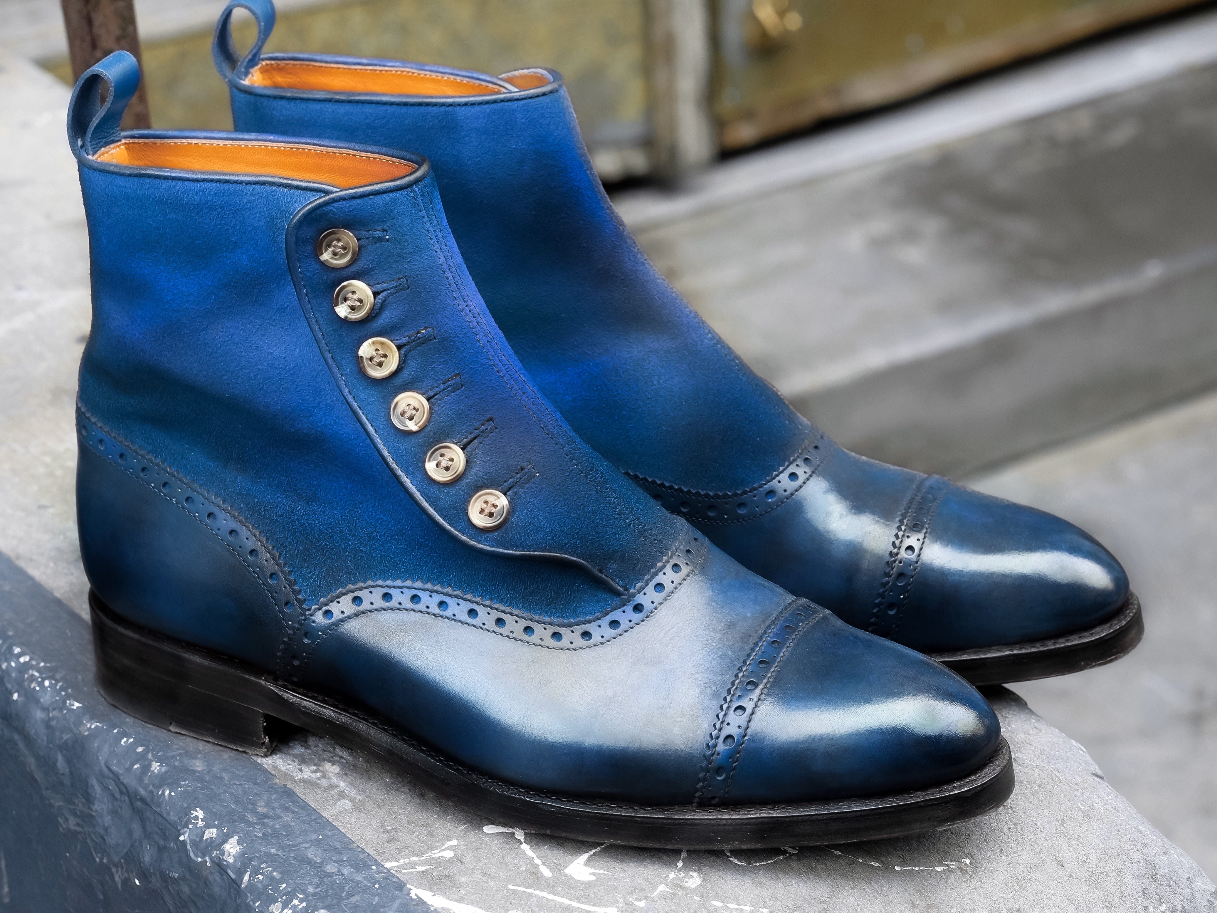 Patina Cornflower - MTO - Puyallup Redux-Made To Order Button Boot Cap Toe Brogue-J.FitzPatrick Footwear