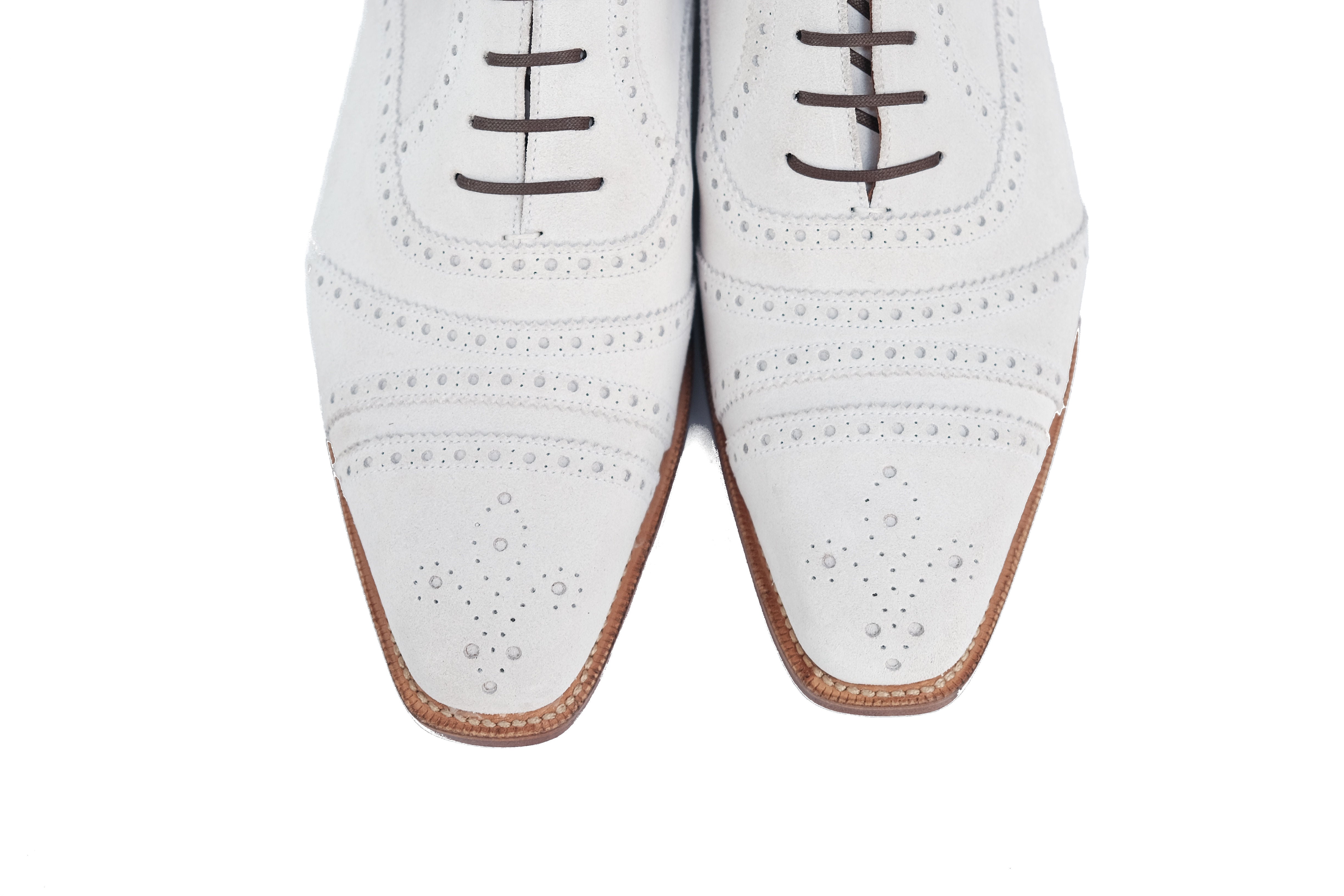 Phillips MTO - White Suede - MGF Last - Single Leather Sole - Fleur De Lys Medallion-Made To Order Captoe Cap Toe Tarsal Brogue Spectator Oxfords-J.FitzPatrick Footwear