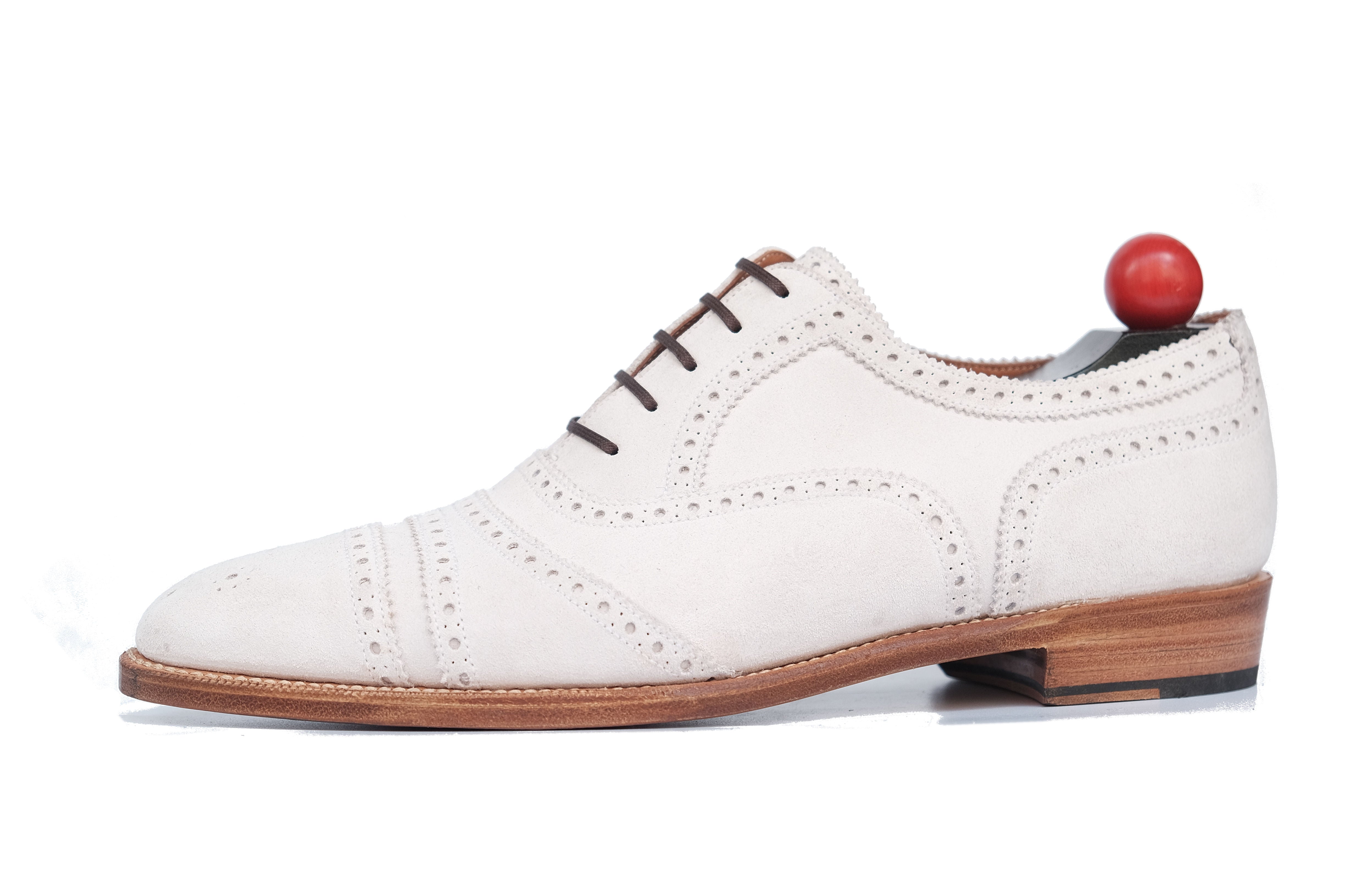 Phillips MTO - White Suede - MGF Last - Single Leather Sole - Fleur De Lys Medallion-Made To Order Captoe Cap Toe Tarsal Brogue Spectator Oxfords-J.FitzPatrick Footwear