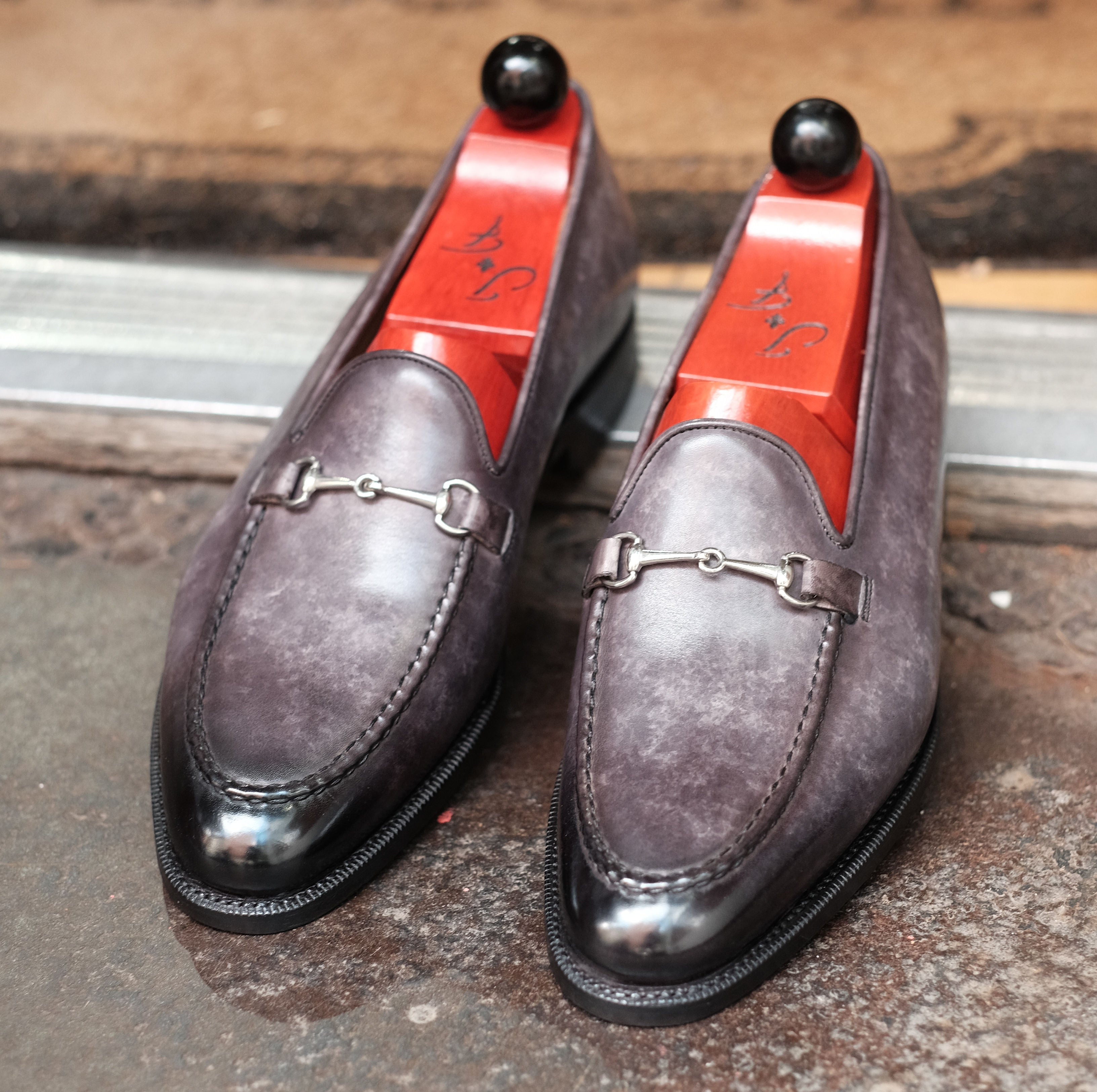Pike - MTO - Grey Marble Patina - TMG Last - Single Leather Sole-Made To Order Horsebit Horse Bit Loafer-J.FitzPatrick Footwear