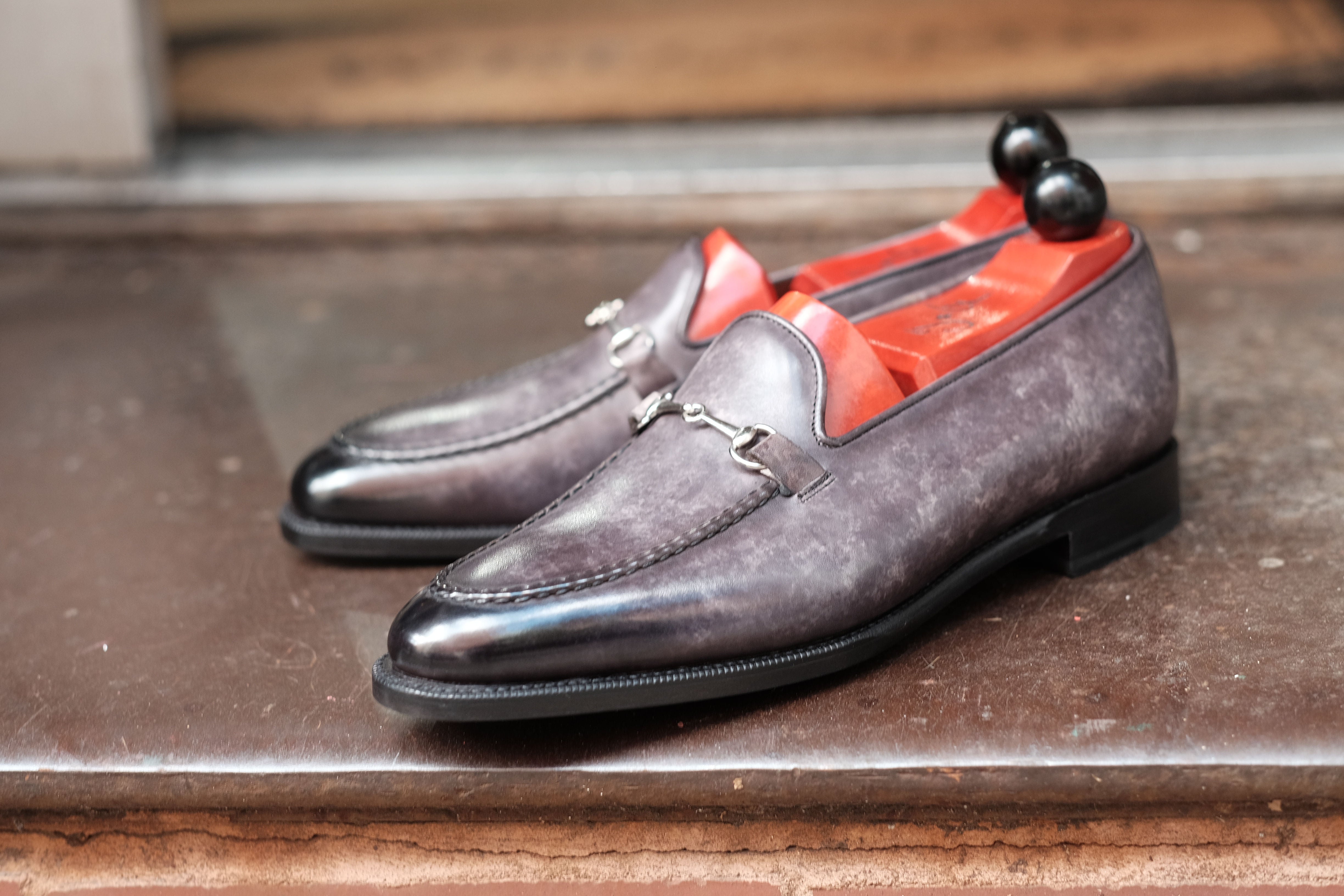Pike - MTO - Grey Marble Patina - TMG Last - Single Leather Sole-Made To Order Horsebit Horse Bit Loafer-J.FitzPatrick Footwear