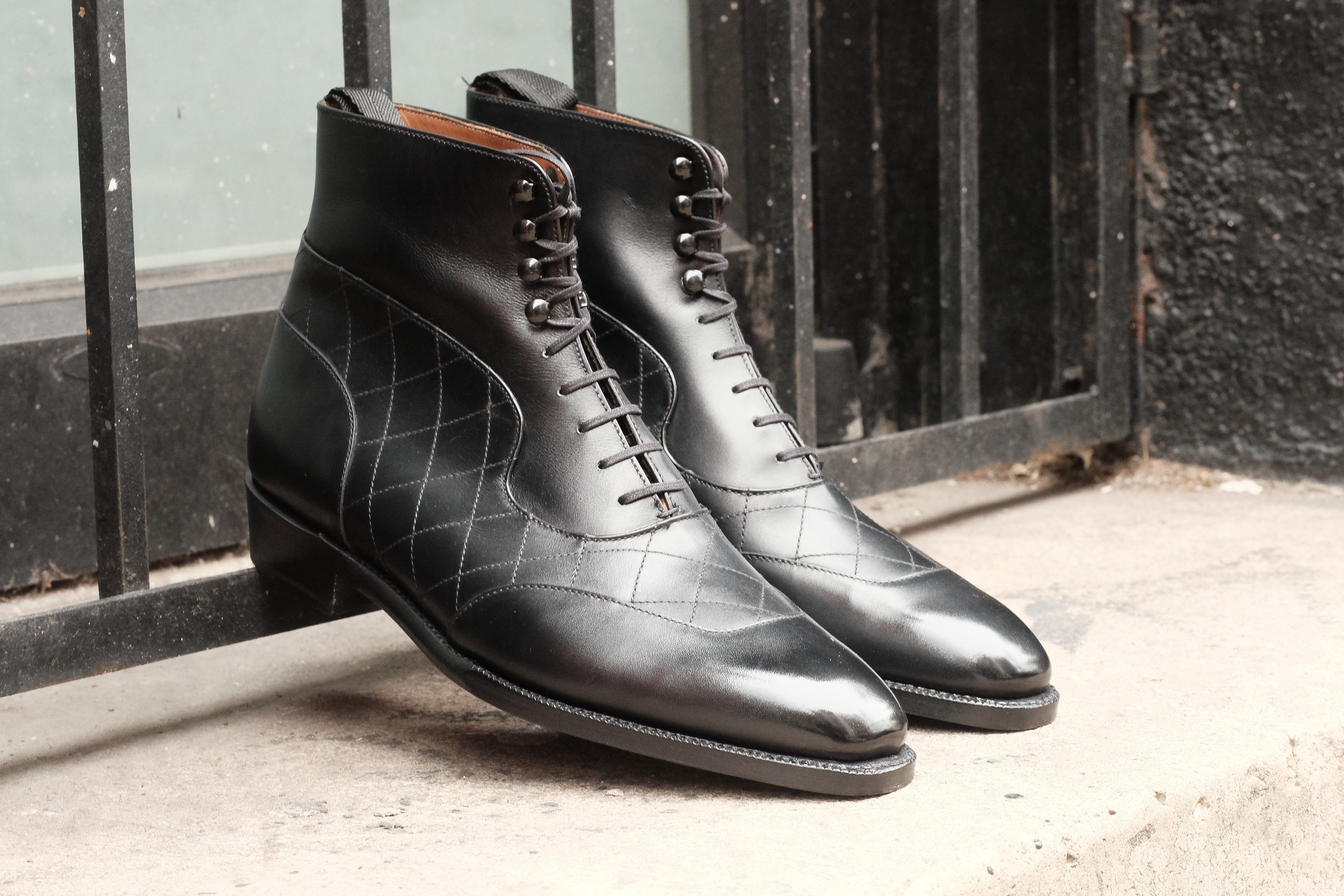 Pinehurst - MTO - Black Calf / Quilted Black Calf - LPB Last - Single Leather Sole-Made To Order Lace Laceup Balmoral Boot Brogue-J.FitzPatrick Footwear