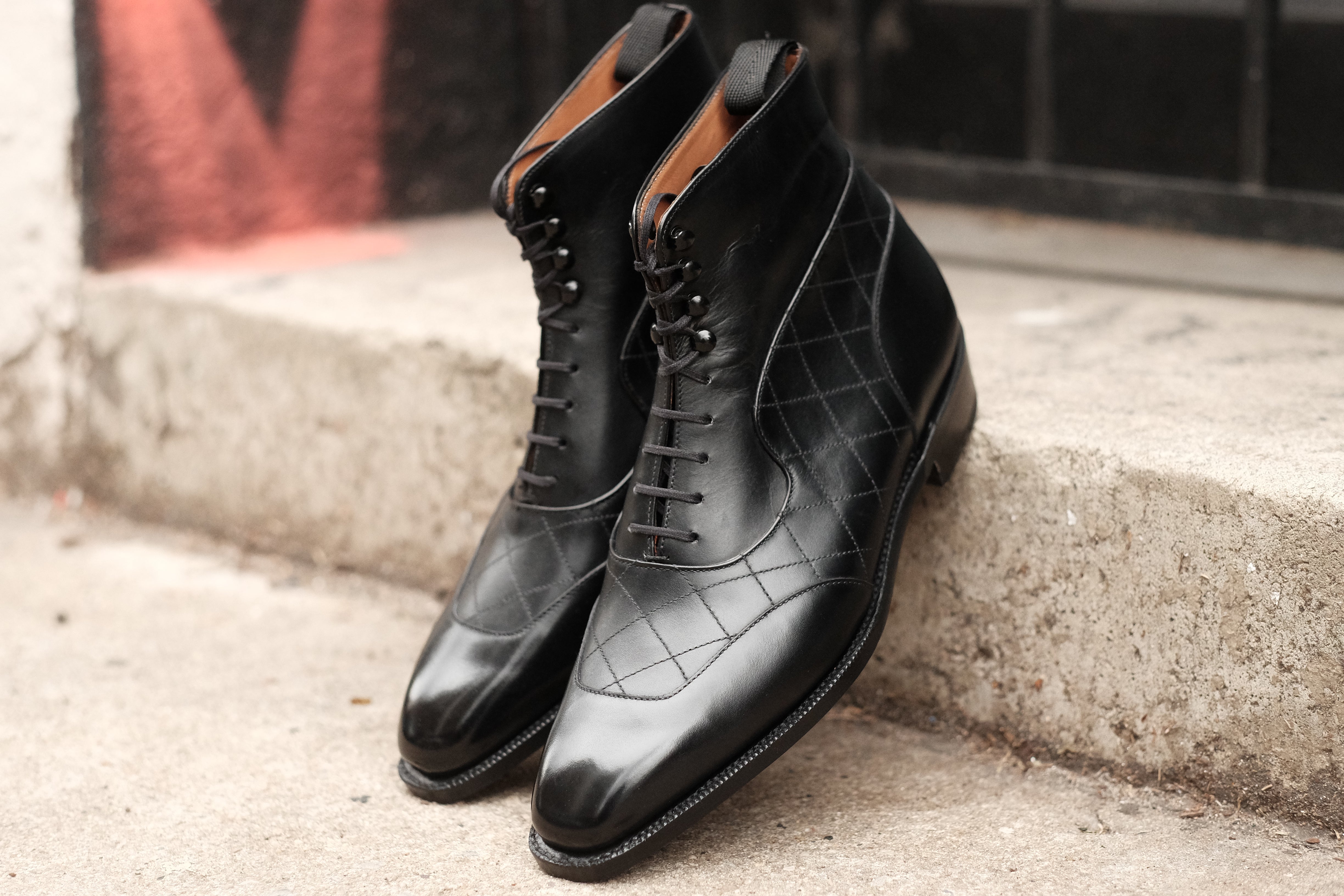 Pinehurst - MTO - Black Calf / Quilted Black Calf - LPB Last - Single Leather Sole-Made To Order Lace Laceup Balmoral Boot Brogue-J.FitzPatrick Footwear