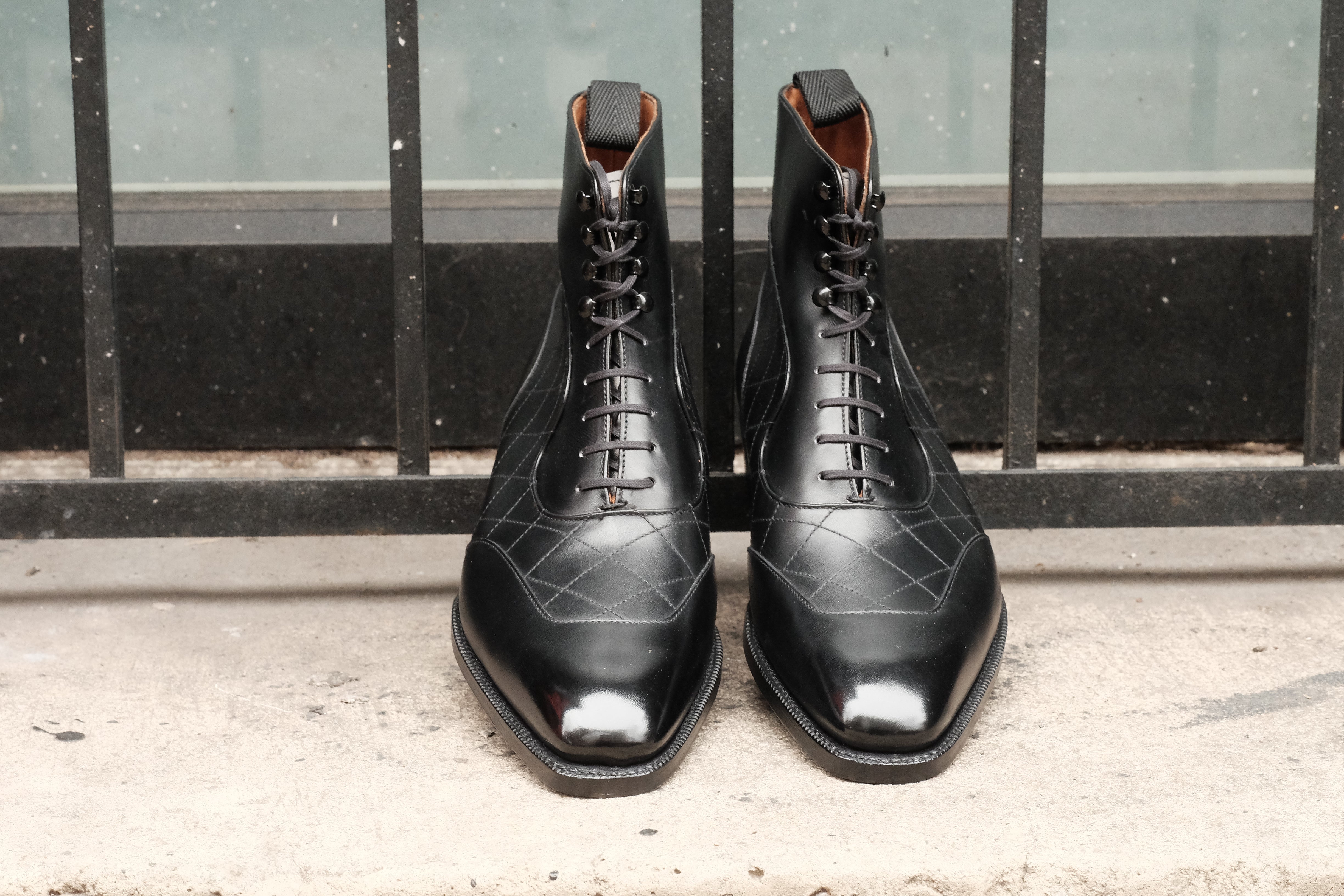 Pinehurst - MTO - Black Calf / Quilted Black Calf - LPB Last - Single Leather Sole-Made To Order Lace Laceup Balmoral Boot Brogue-J.FitzPatrick Footwear