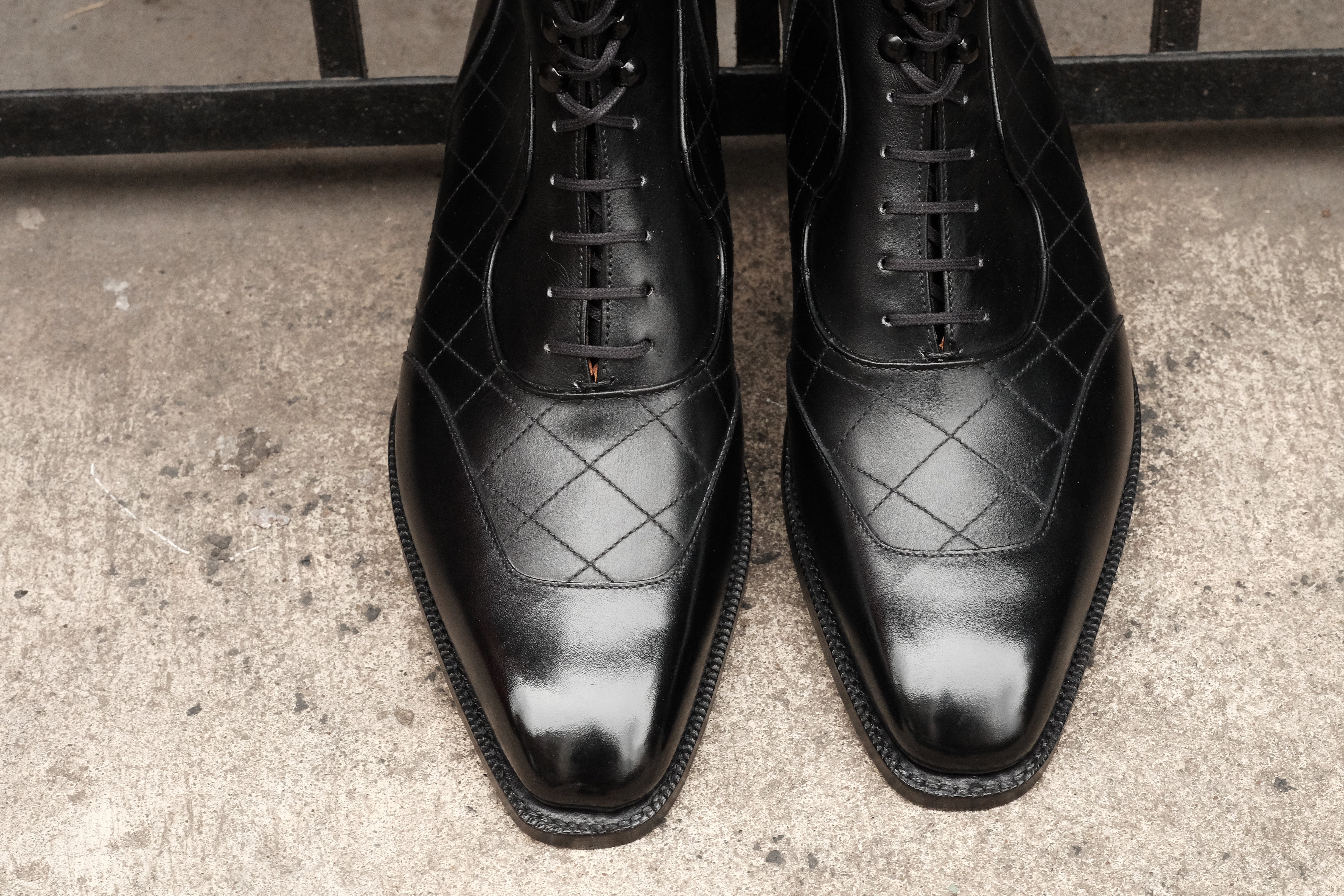 Pinehurst - MTO - Black Calf / Quilted Black Calf - LPB Last - Single Leather Sole-Made To Order Lace Laceup Balmoral Boot Brogue-J.FitzPatrick Footwear