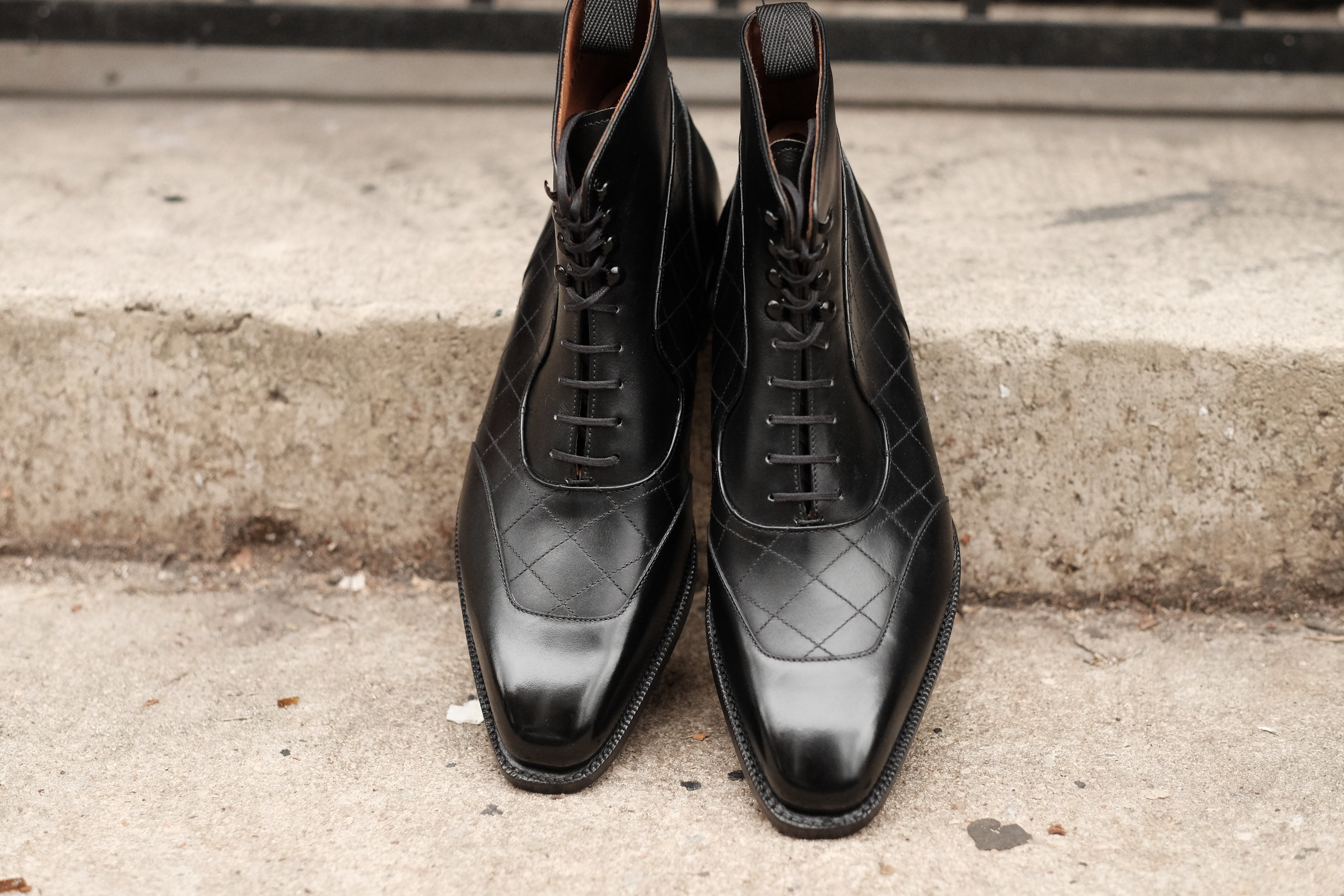 Pinehurst - MTO - Black Calf / Quilted Black Calf - LPB Last - Single Leather Sole-Made To Order Lace Laceup Balmoral Boot Brogue-J.FitzPatrick Footwear