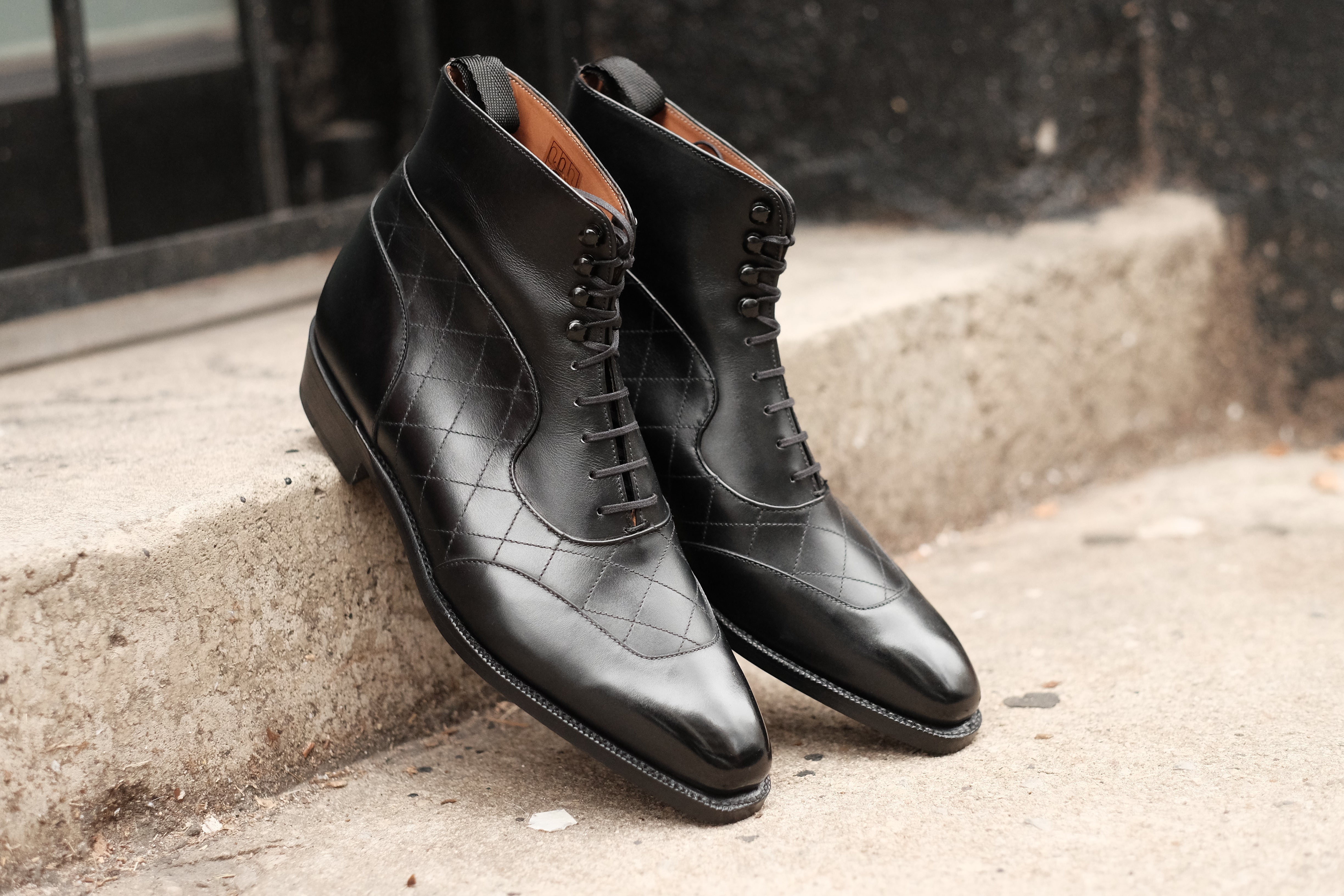 Pinehurst - MTO - Black Calf / Quilted Black Calf - LPB Last - Single Leather Sole-Made To Order Lace Laceup Balmoral Boot Brogue-J.FitzPatrick Footwear