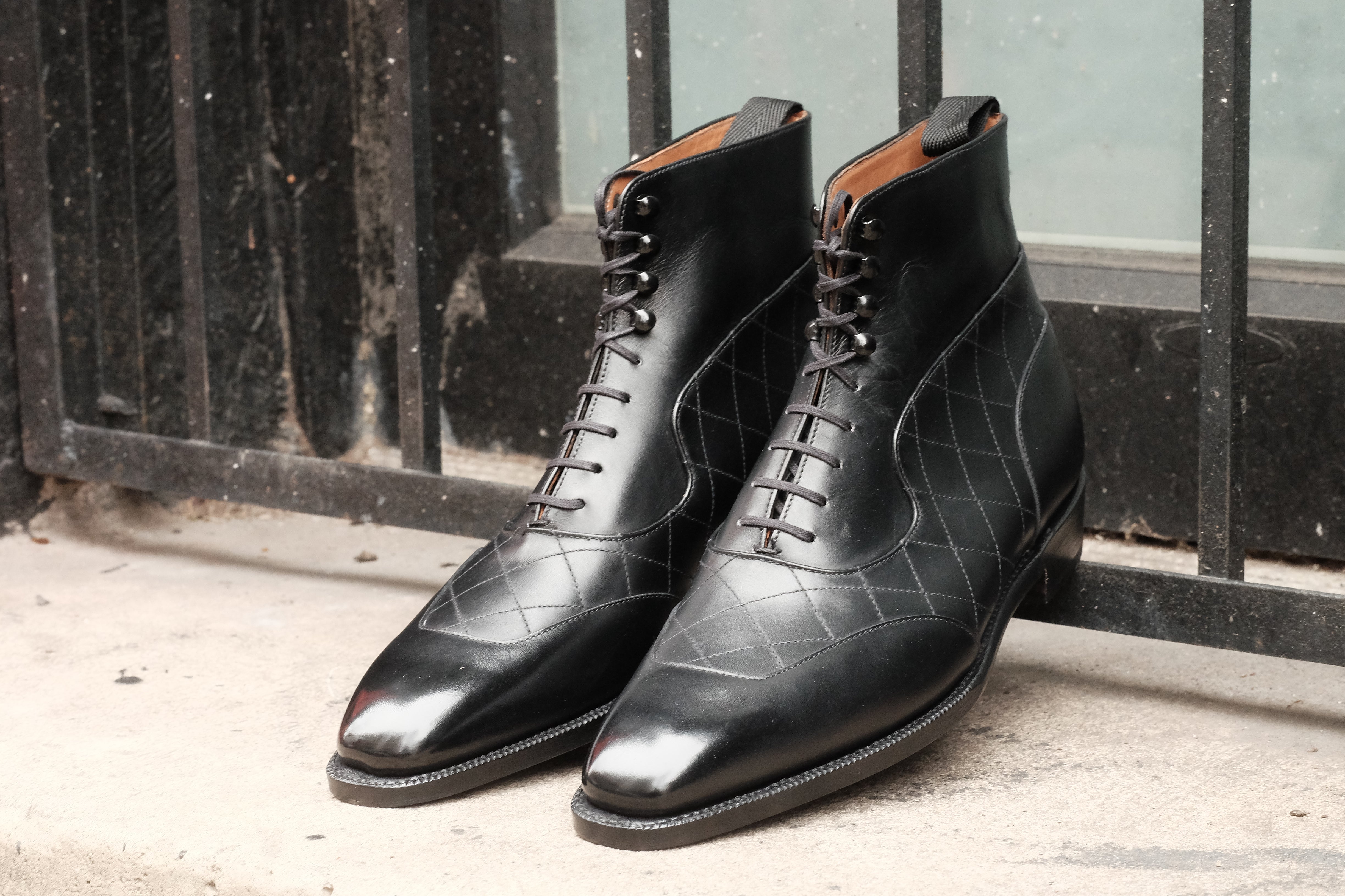Pinehurst - MTO - Black Calf / Quilted Black Calf - LPB Last - Single Leather Sole-Made To Order Lace Laceup Balmoral Boot Brogue-J.FitzPatrick Footwear