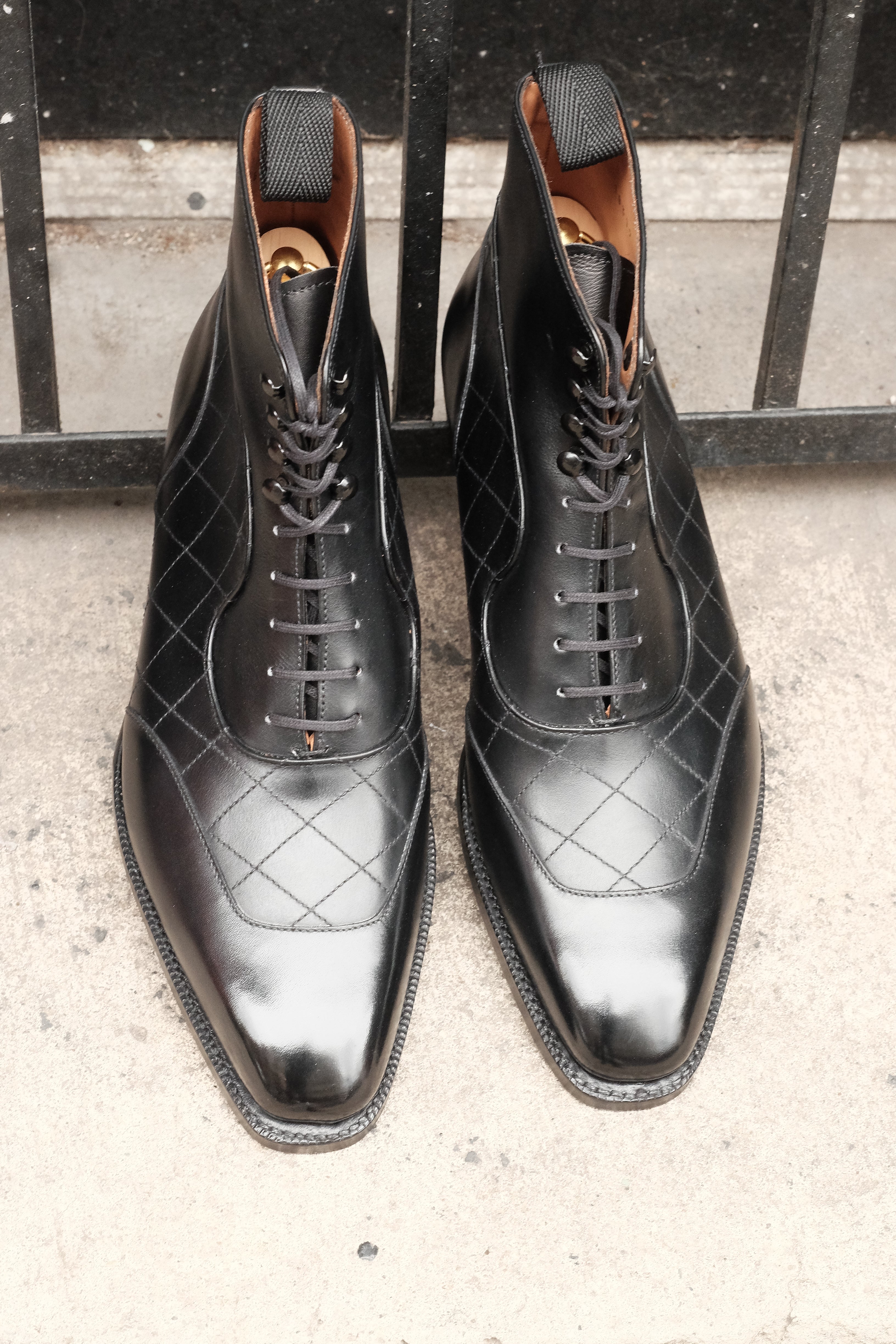 Pinehurst - MTO - Black Calf / Quilted Black Calf - LPB Last - Single Leather Sole-Made To Order Lace Laceup Balmoral Boot Brogue-J.FitzPatrick Footwear