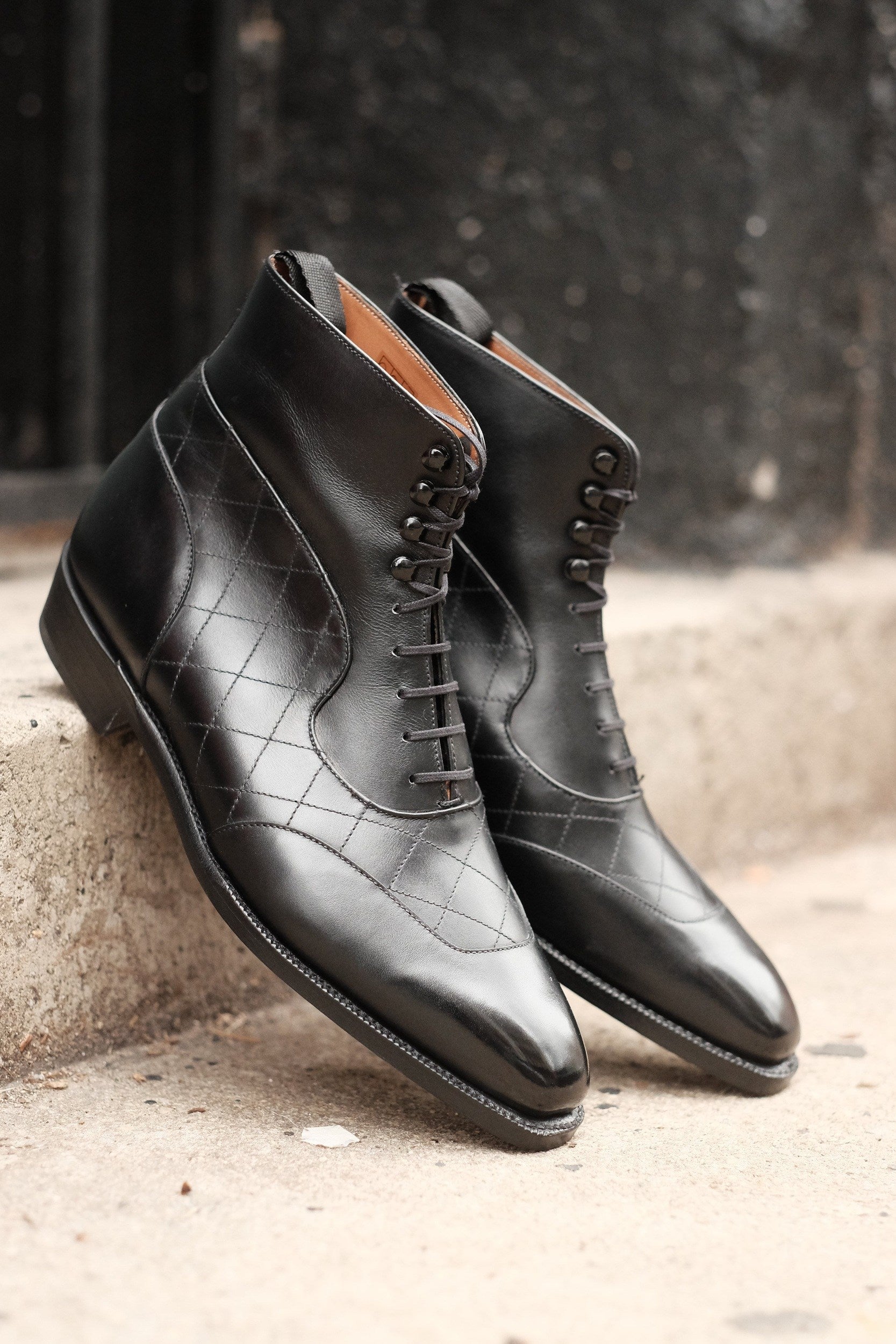 Pinehurst - MTO - Black Calf / Quilted Black Calf - LPB Last - Single Leather Sole-Made To Order Lace Laceup Balmoral Boot Brogue-J.FitzPatrick Footwear