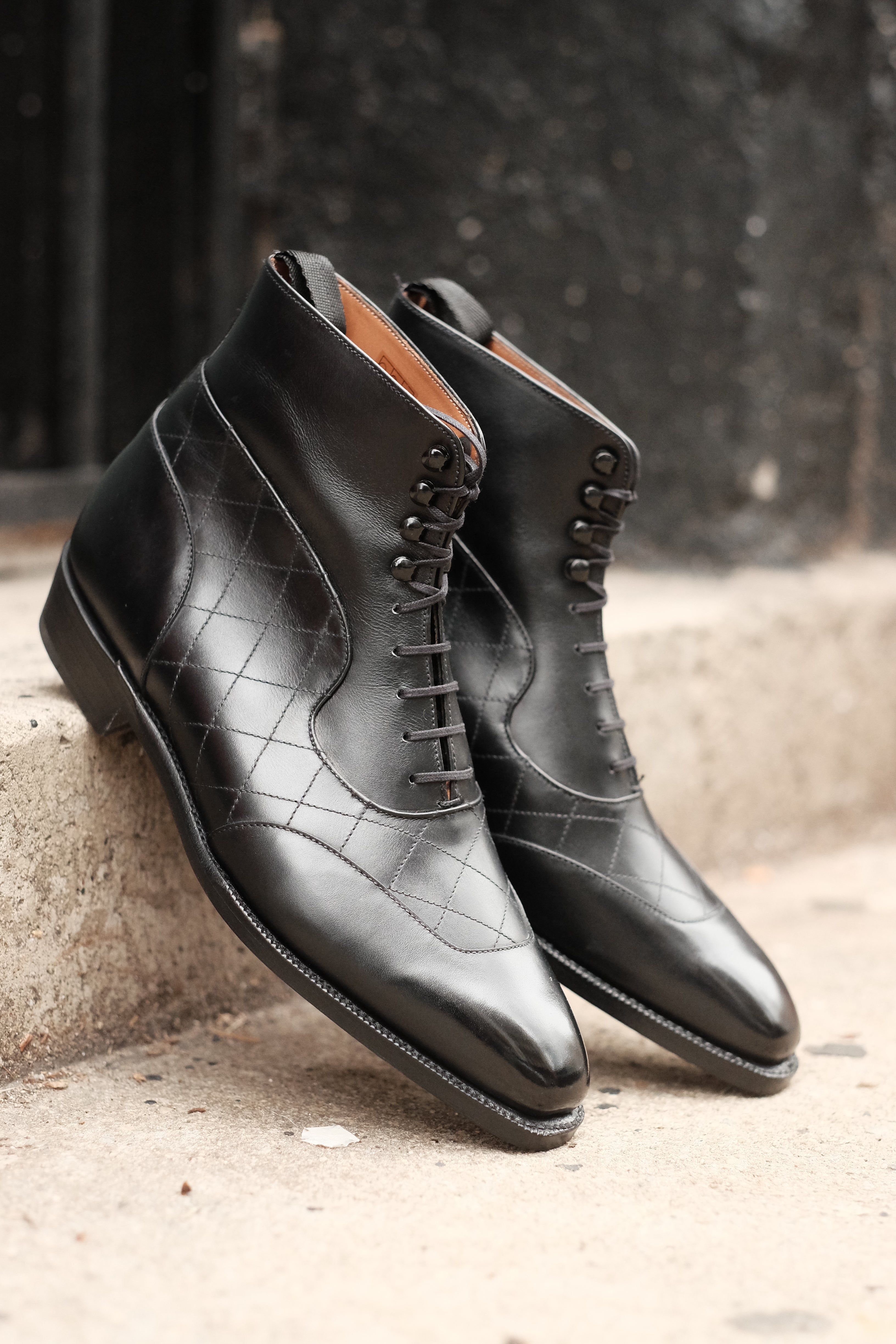 Pinehurst - MTO - Black Calf / Quilted Black Calf - LPB Last - Single Leather Sole-Made To Order Lace Laceup Balmoral Boot Brogue-J.FitzPatrick Footwear