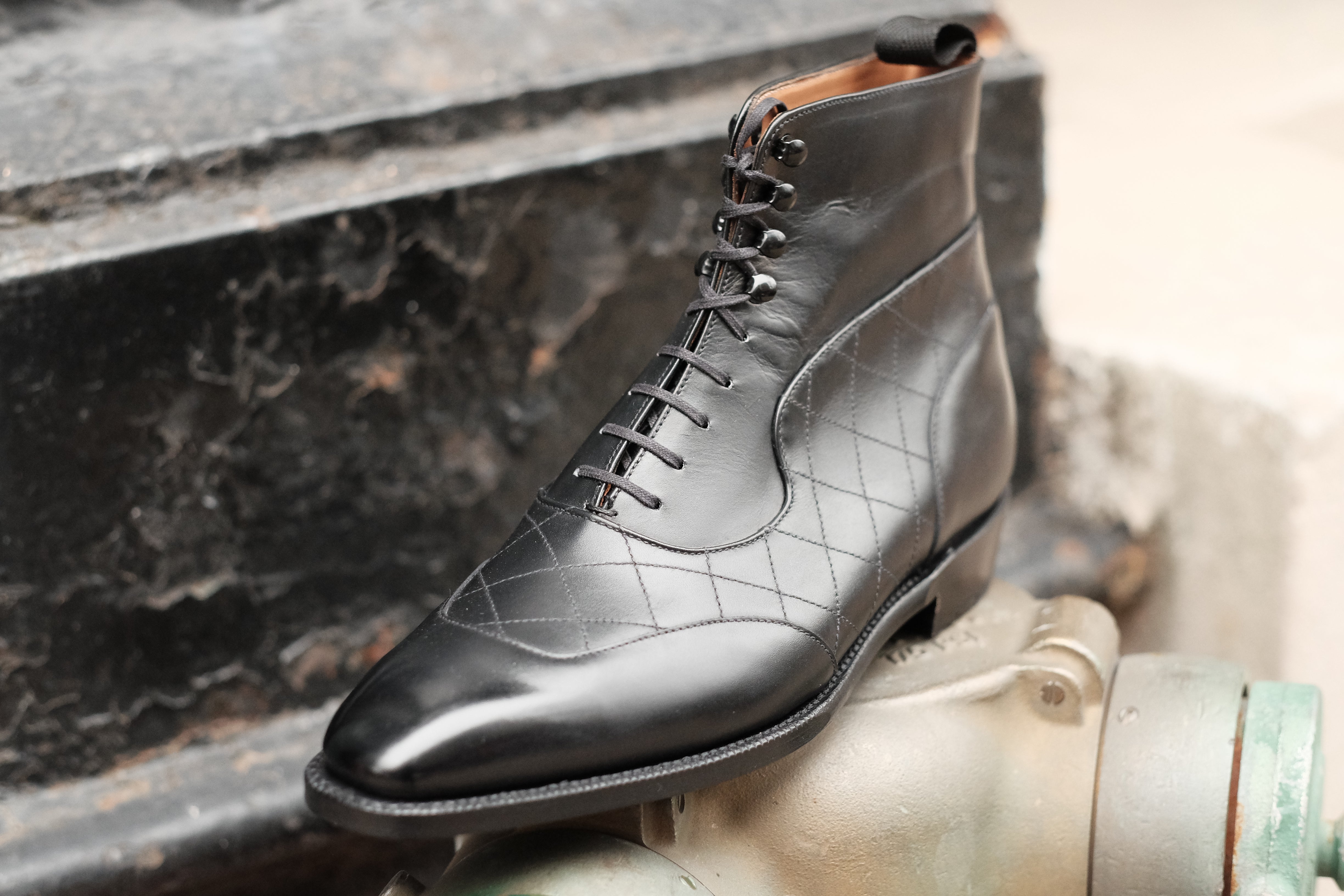Pinehurst - MTO - Black Calf / Quilted Black Calf - LPB Last - Single Leather Sole-Made To Order Lace Laceup Balmoral Boot Brogue-J.FitzPatrick Footwear