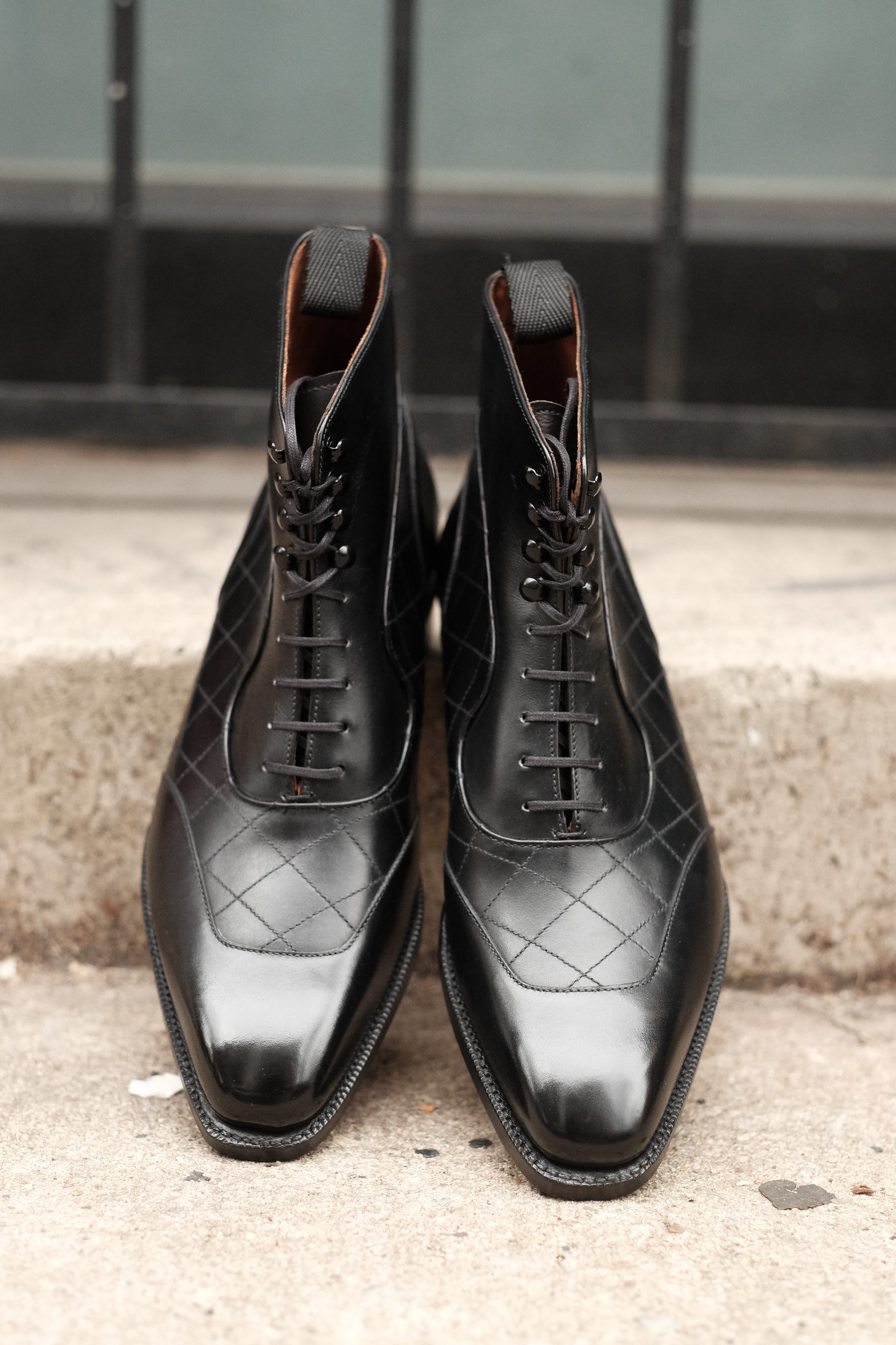 Pinehurst - MTO - Black Calf / Quilted Black Calf - LPB Last - Single Leather Sole-Made To Order Lace Laceup Balmoral Boot Brogue-J.FitzPatrick Footwear