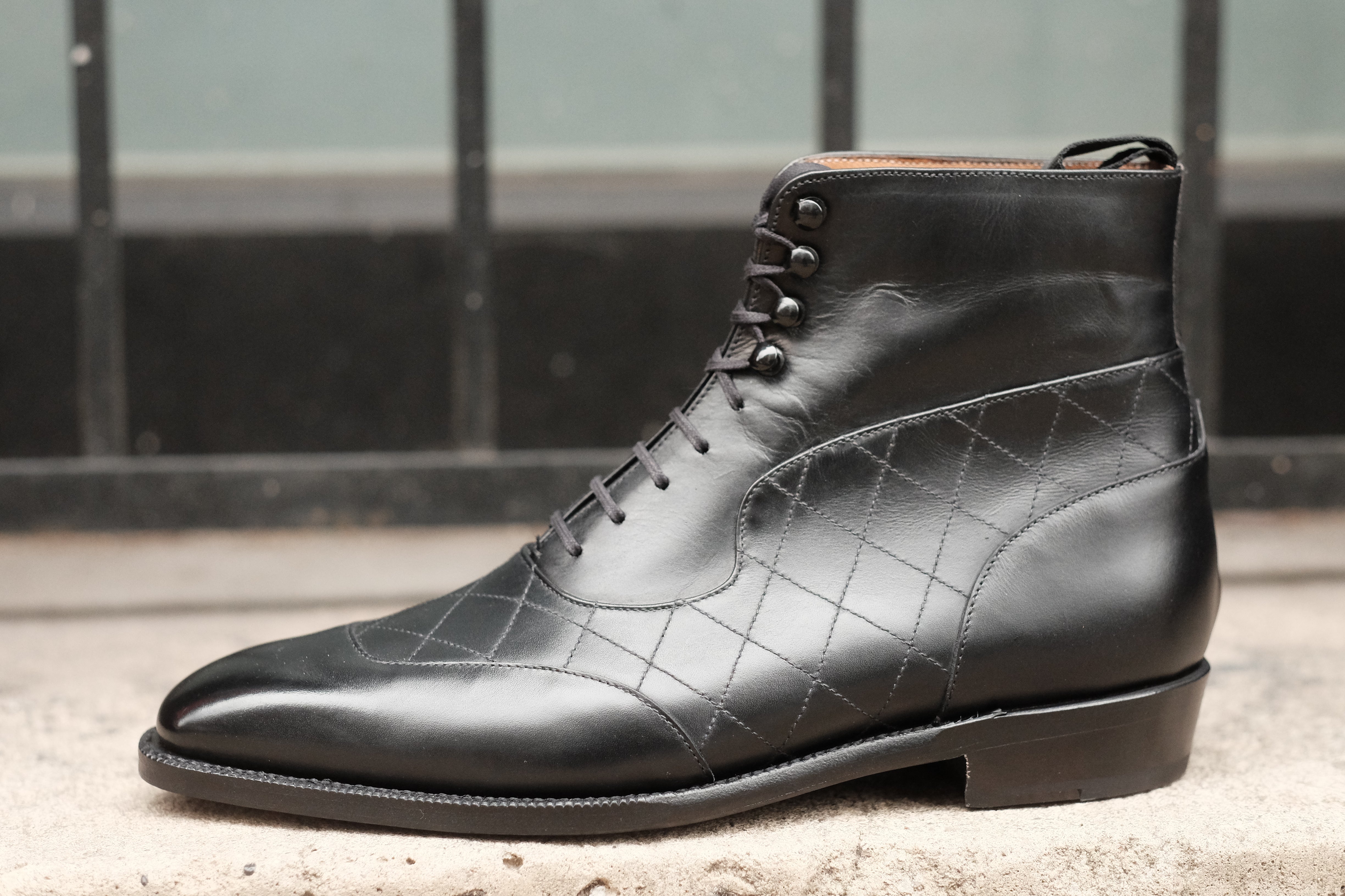 Pinehurst - MTO - Black Calf / Quilted Black Calf - LPB Last - Single Leather Sole-Made To Order Lace Laceup Balmoral Boot Brogue-J.FitzPatrick Footwear