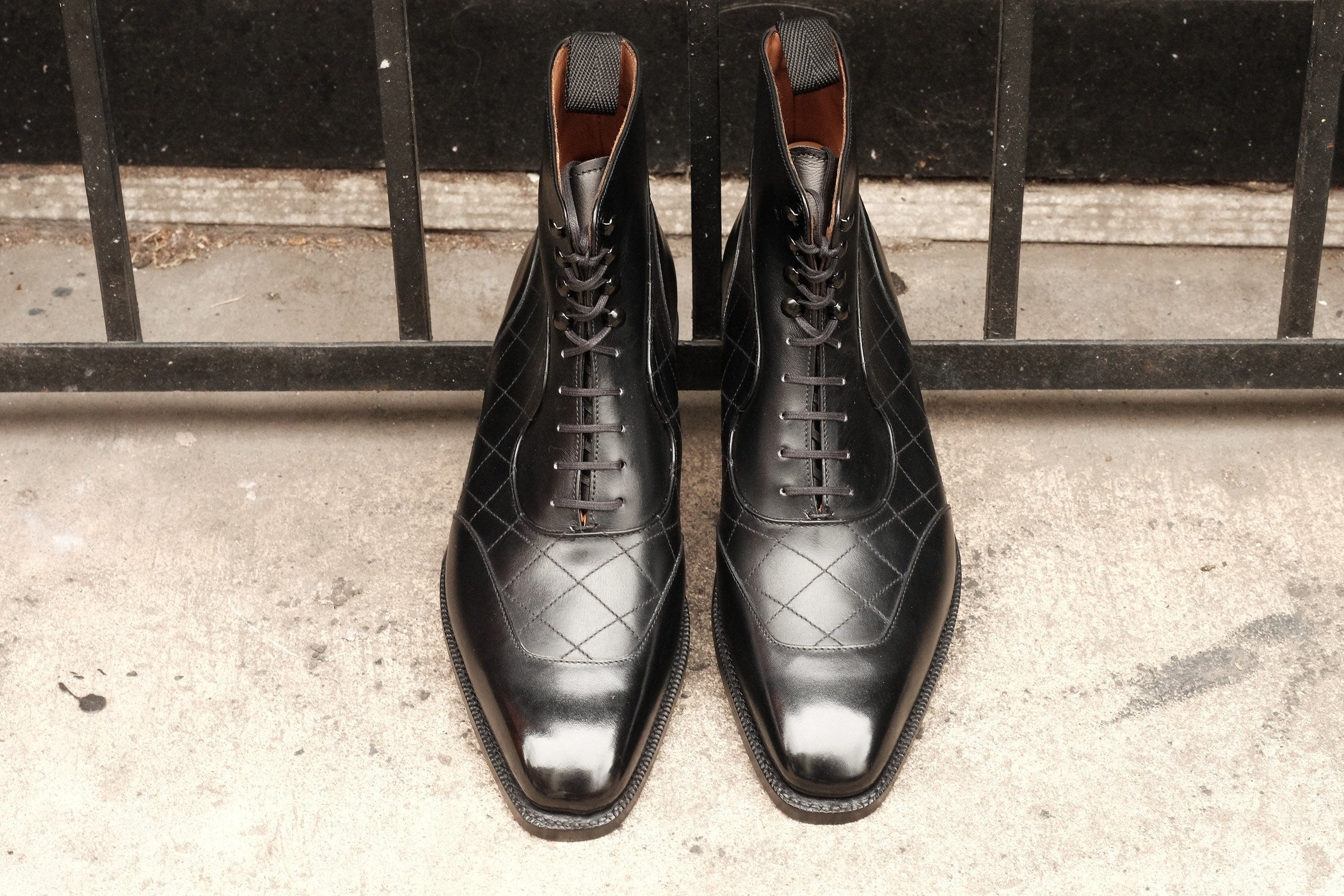 Pinehurst - MTO - Black Calf / Quilted Black Calf - LPB Last - Single Leather Sole-Made To Order Lace Laceup Balmoral Boot Brogue-J.FitzPatrick Footwear