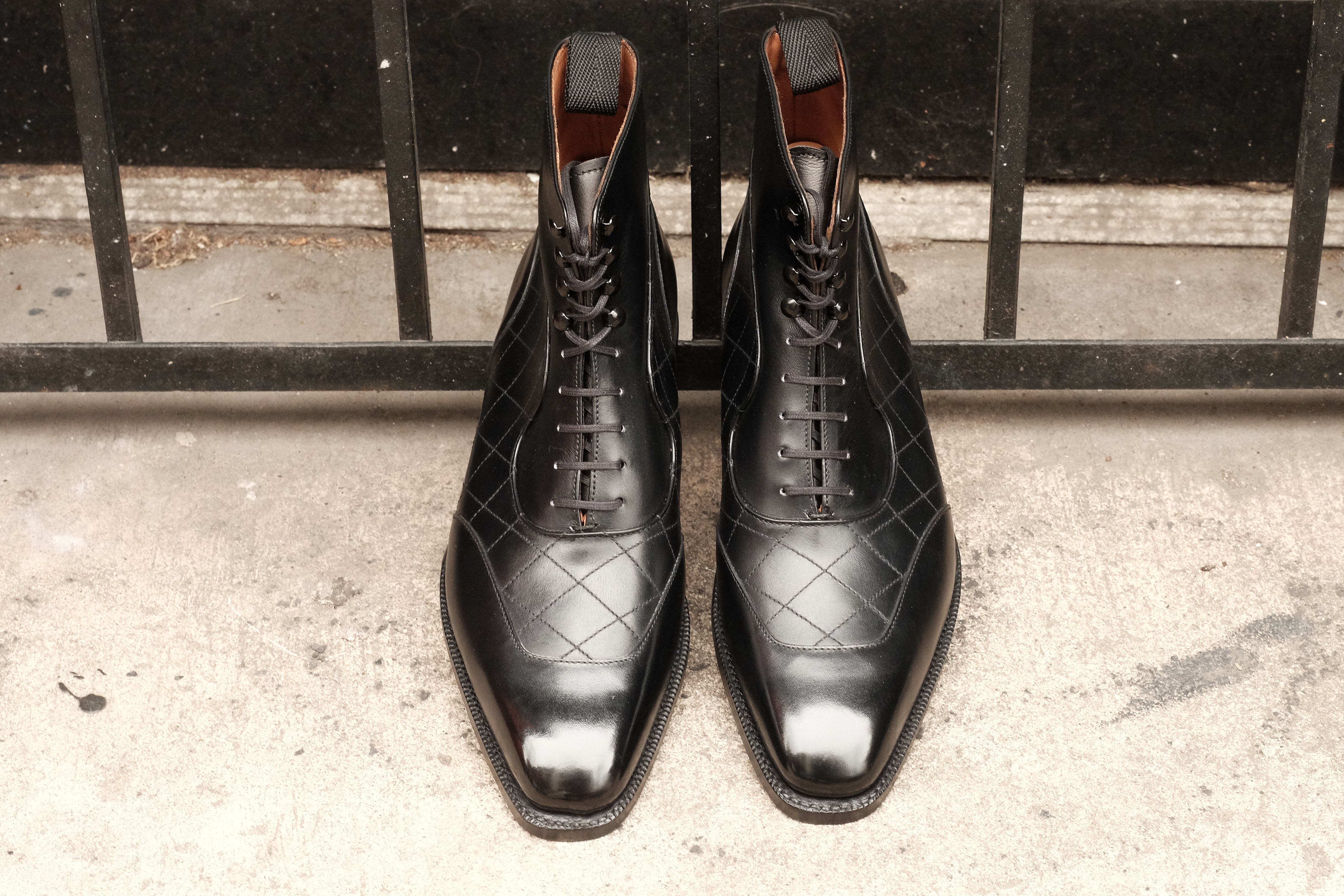 Pinehurst - MTO - Black Calf / Quilted Black Calf - LPB Last - Single Leather Sole-Made To Order Lace Laceup Balmoral Boot Brogue-J.FitzPatrick Footwear