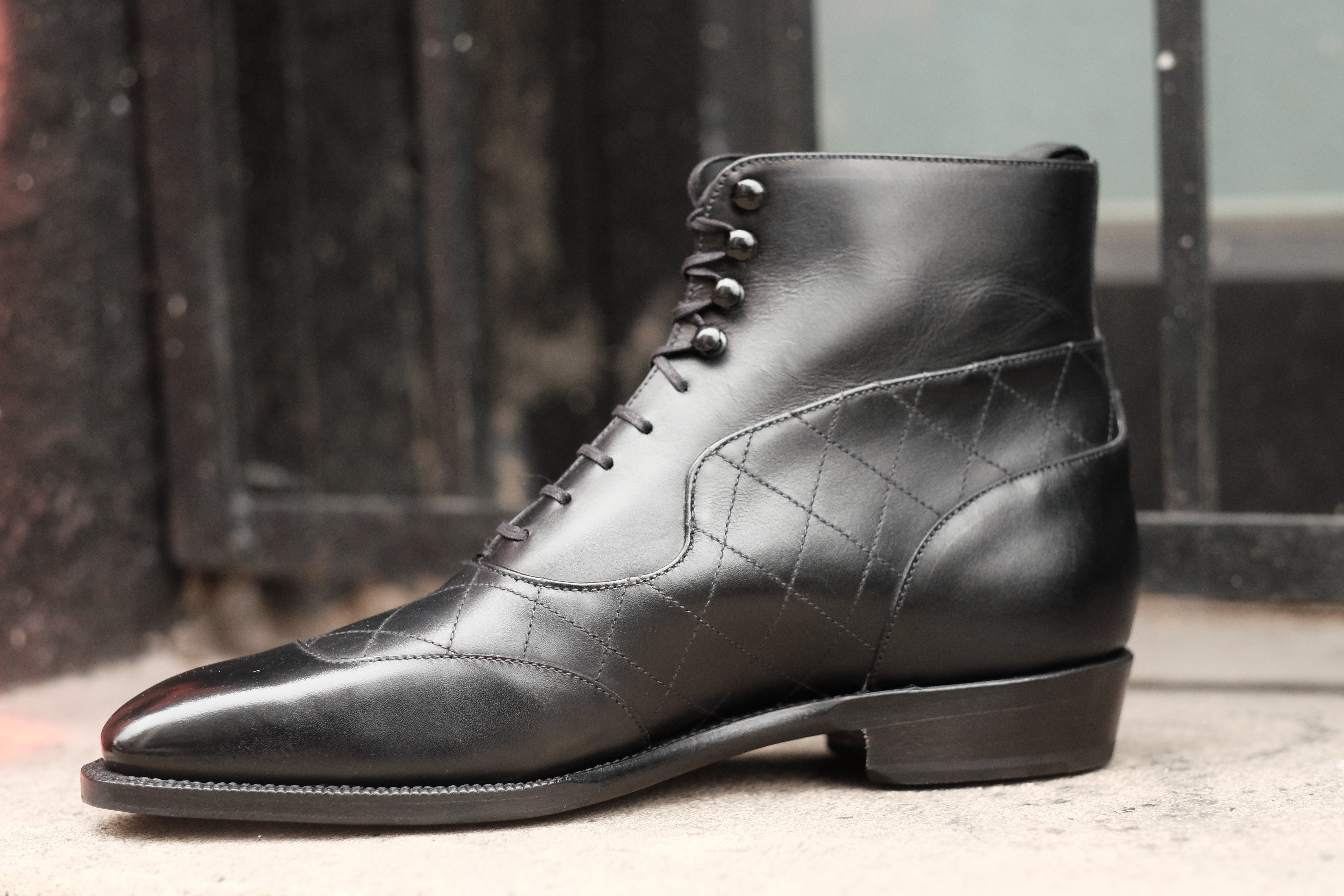 Pinehurst - MTO - Black Calf / Quilted Black Calf - LPB Last - Single Leather Sole-Made To Order Lace Laceup Balmoral Boot Brogue-J.FitzPatrick Footwear
