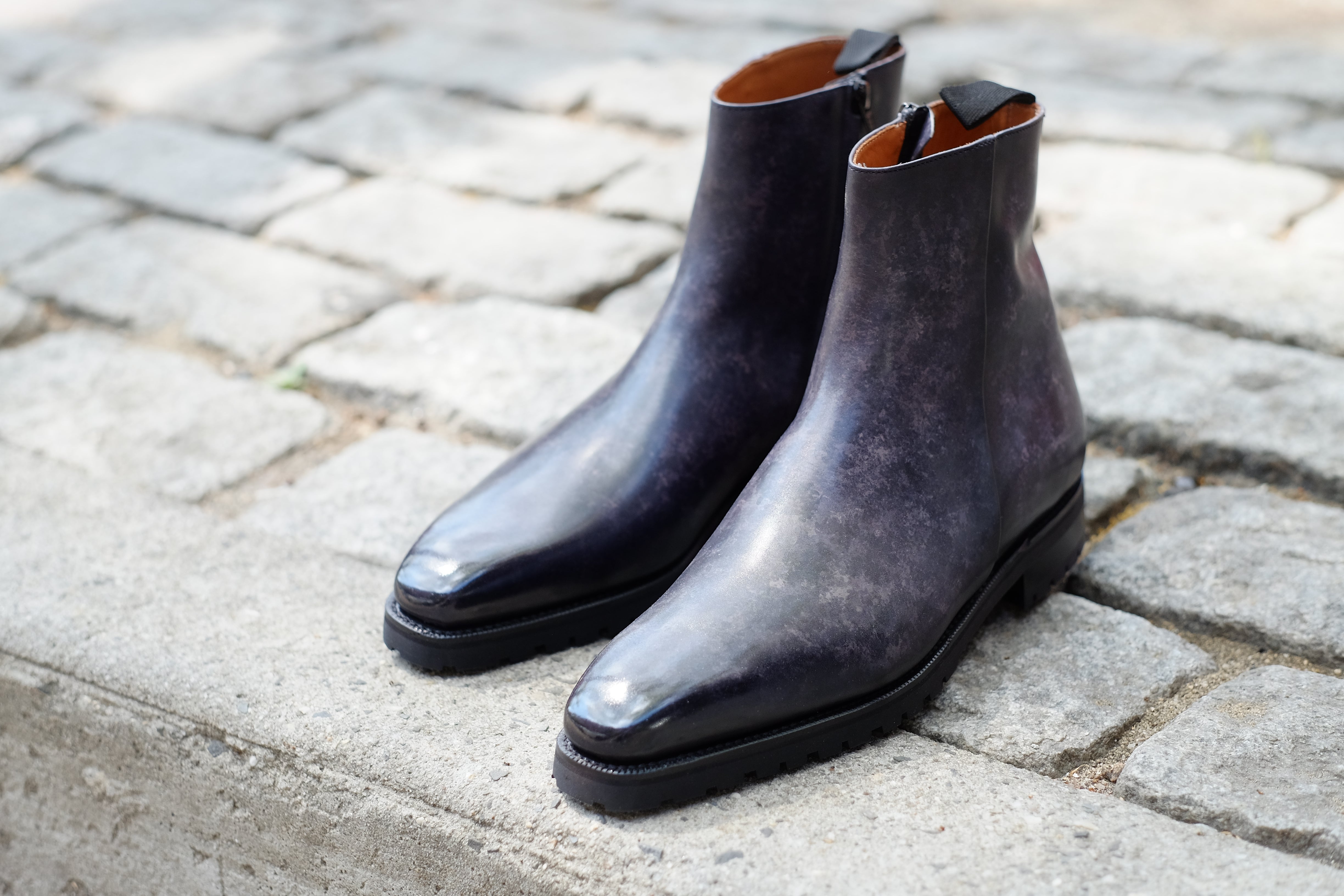 Southcenter - MTO - Black Marble Patina - MGF Last - Commando Sole-Made To Order Zip Zipper Boots-J.FitzPatrick Footwear