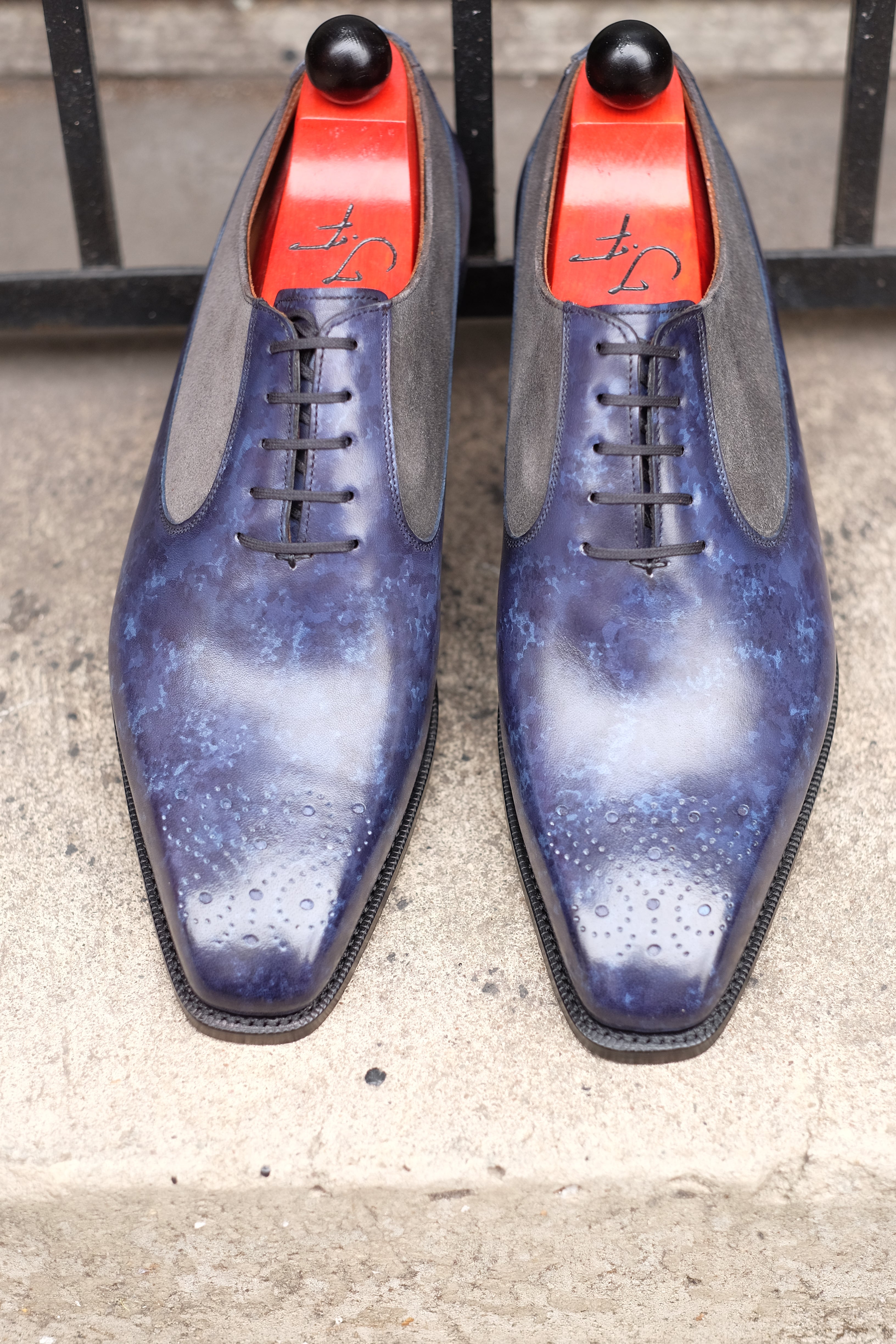 Tacoma - MTO - Navy Marble Patina/Mid Grey Suede - LPB Last - Single Leather Sole-Made To Order Medallion Swan Neck Oxfords-J.FitzPatrick Footwear