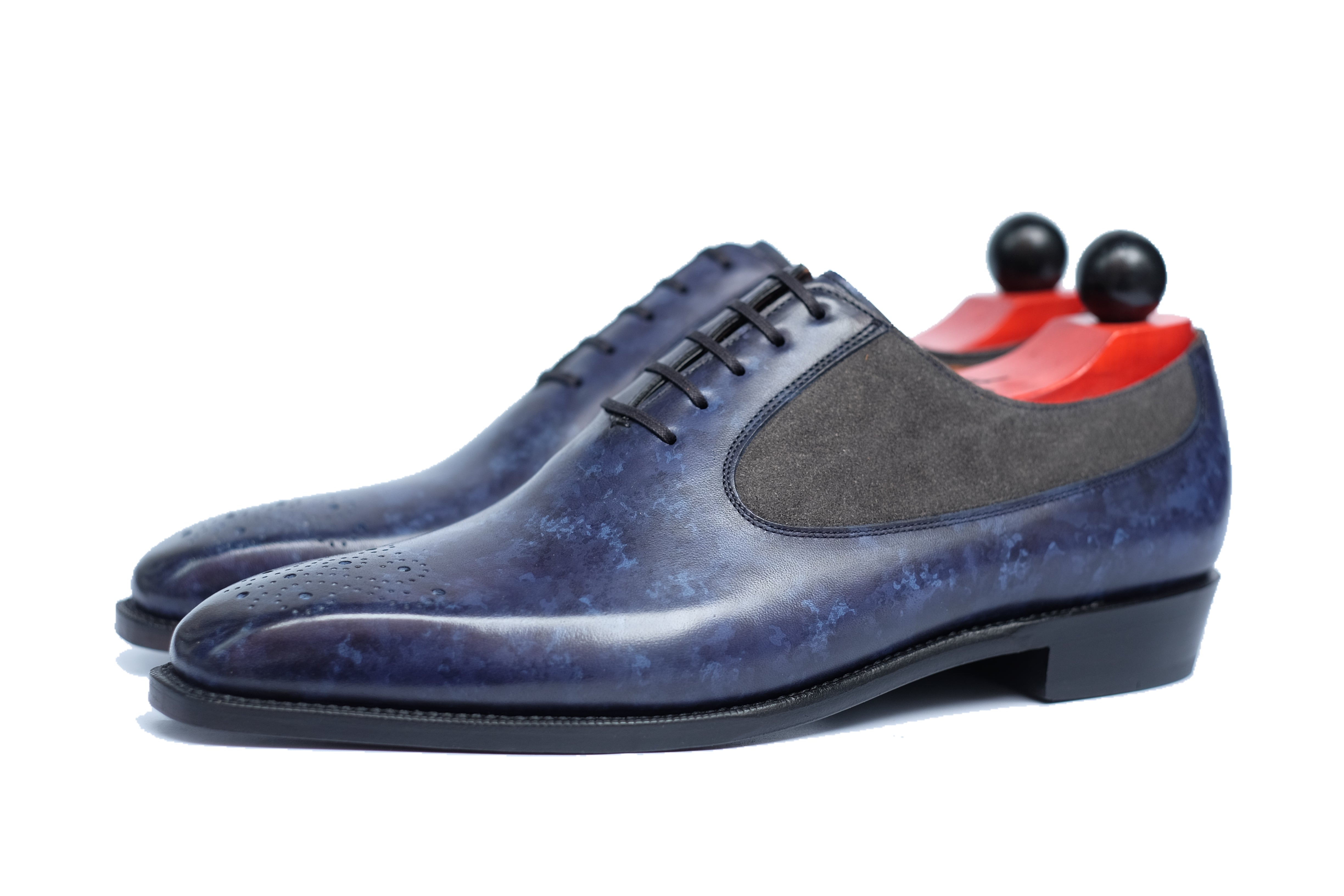 Tacoma - MTO - Navy Marble Patina/Mid Grey Suede - LPB Last - Single Leather Sole-Made To Order Medallion Swan Neck Oxfords-J.FitzPatrick Footwear