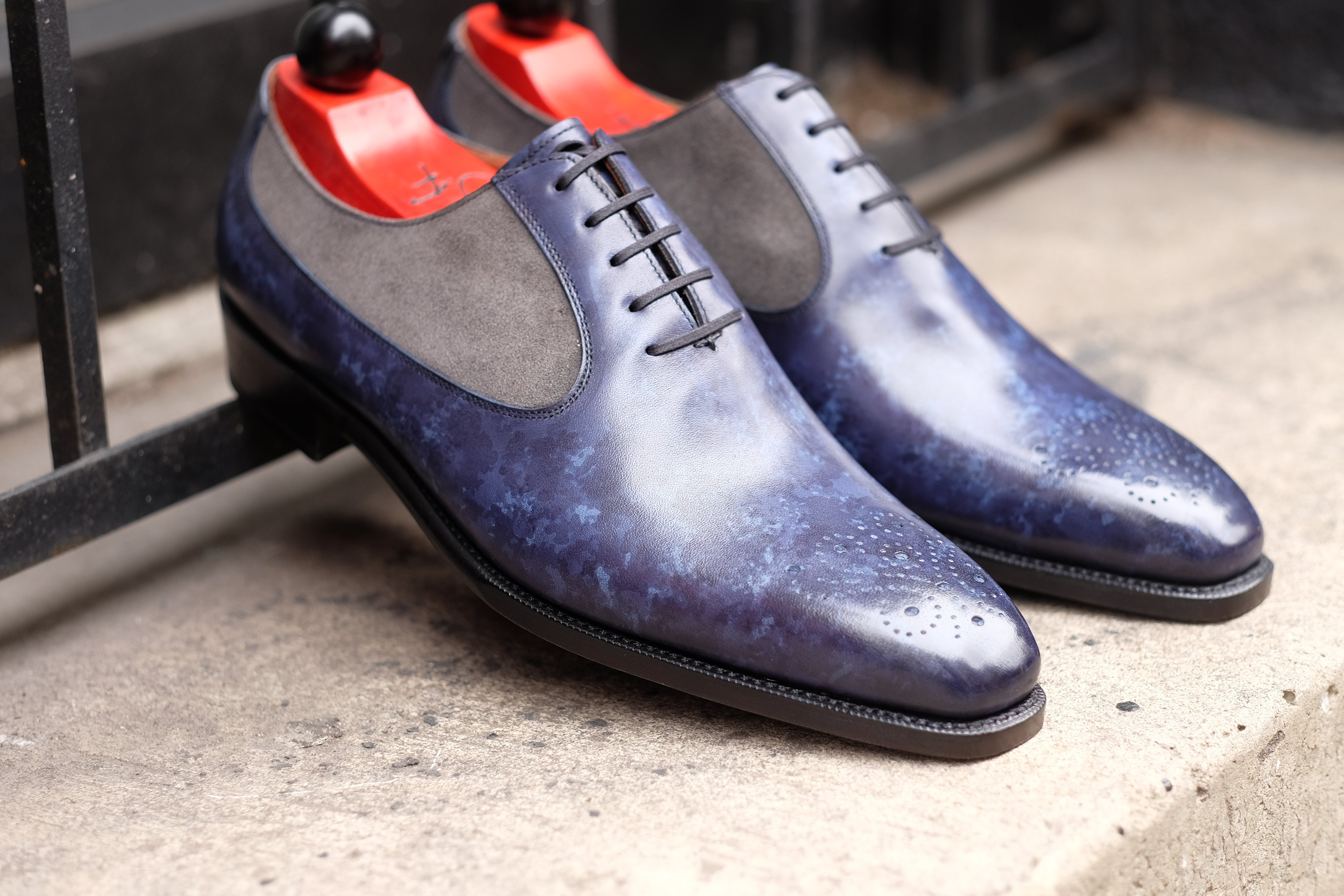Tacoma - MTO - Navy Marble Patina/Mid Grey Suede - LPB Last - Single Leather Sole-Made To Order Medallion Swan Neck Oxfords-J.FitzPatrick Footwear